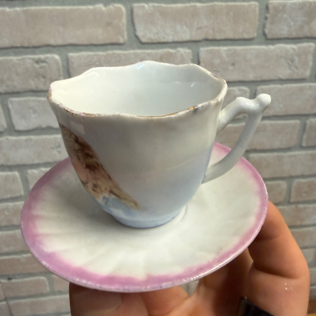 Mini Victorian Painted Child's Tea Cup and Saucer Set 2-1/4" tall