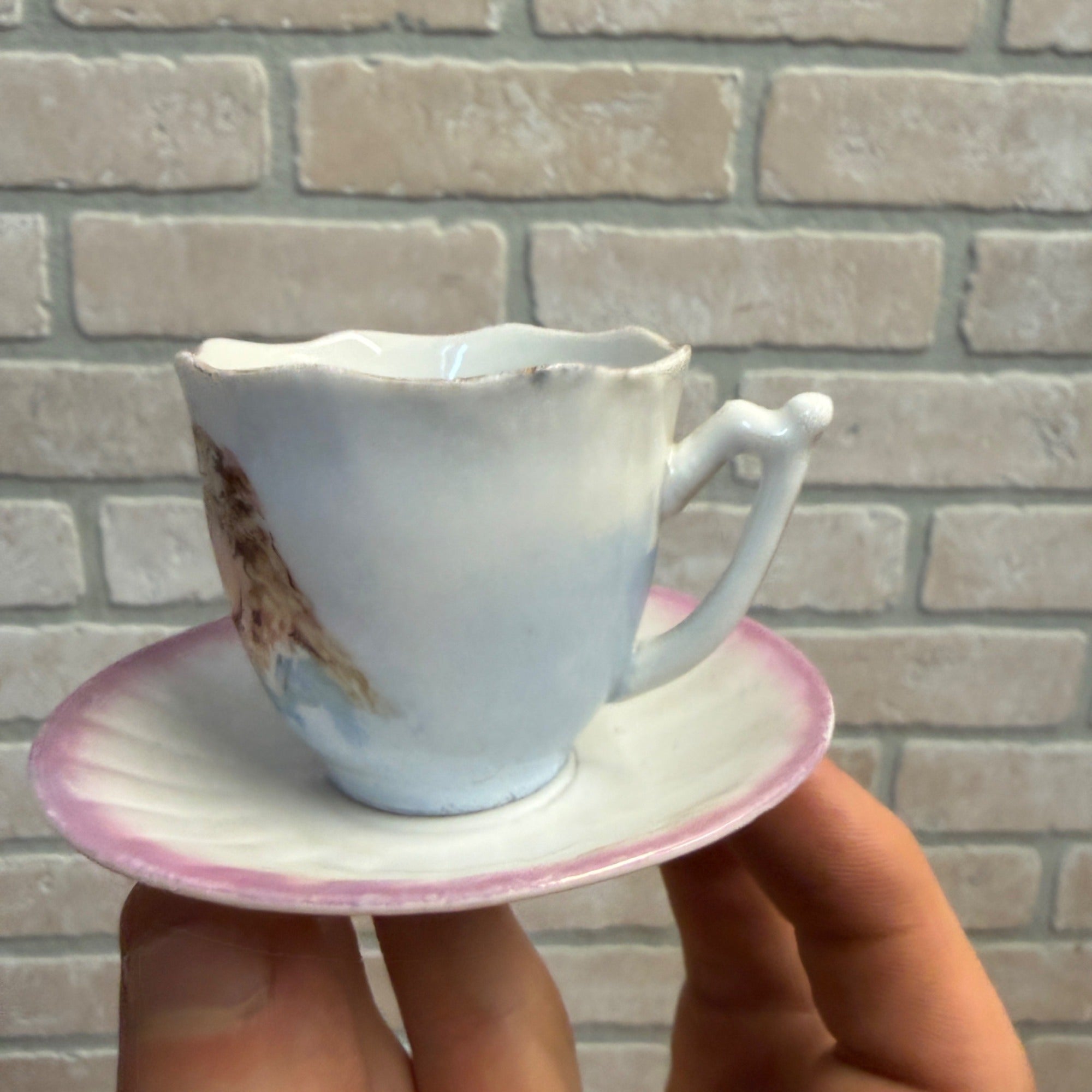 Mini Victorian Painted Child's Tea Cup and Saucer Set 2-1/4" tall