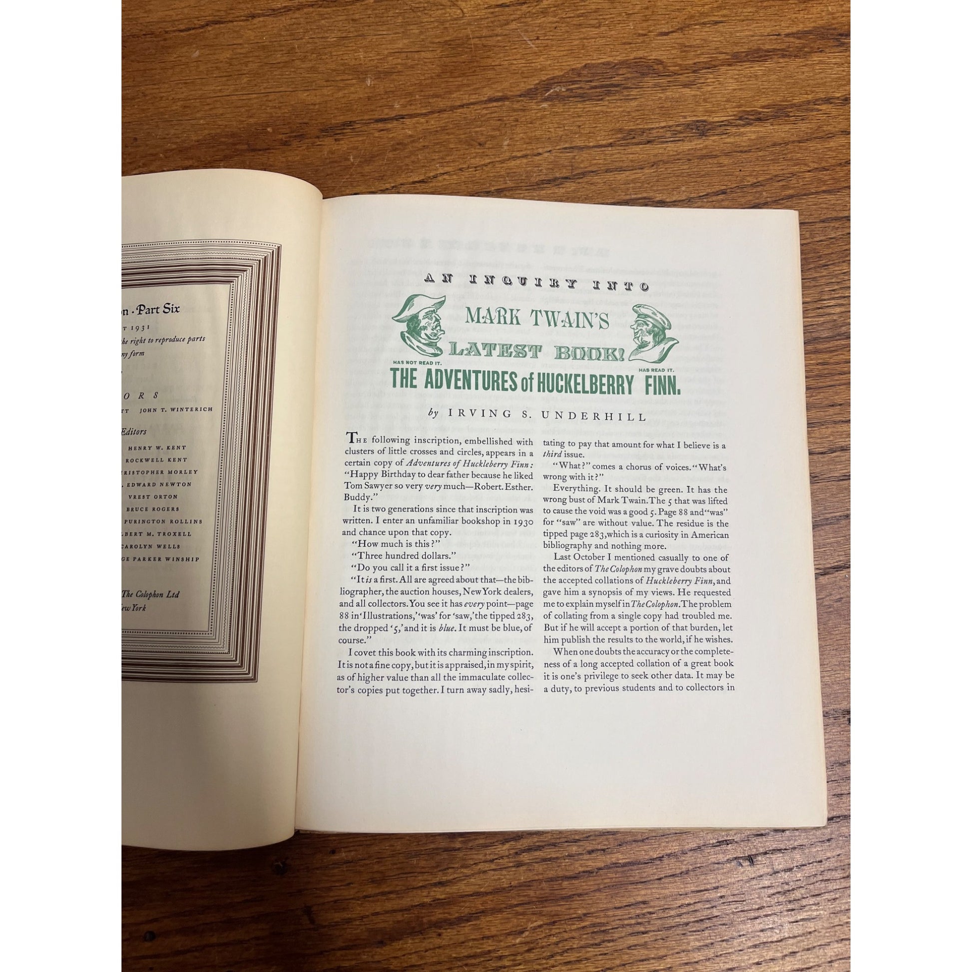 Old THE COLOPHON BOOK COLLECTORS QUARTERLY #6 1931 HUCKLEBERRY FINN LITERATURE +
