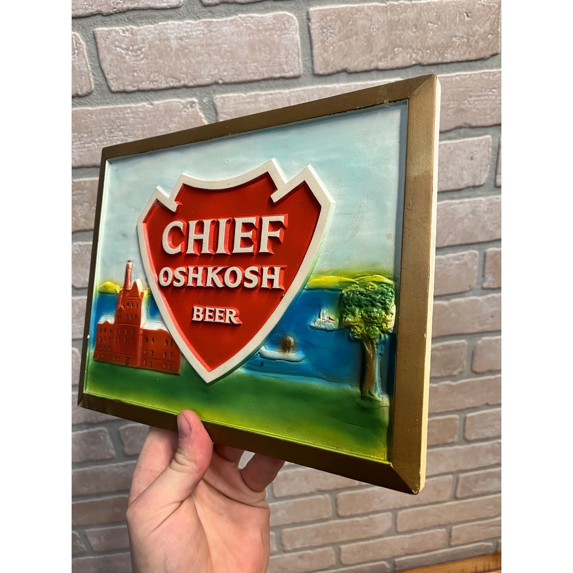 RARE Vintage 1960s Chief Oshkosh Beer Plaster Chalkware Beer Sign Advertising WI