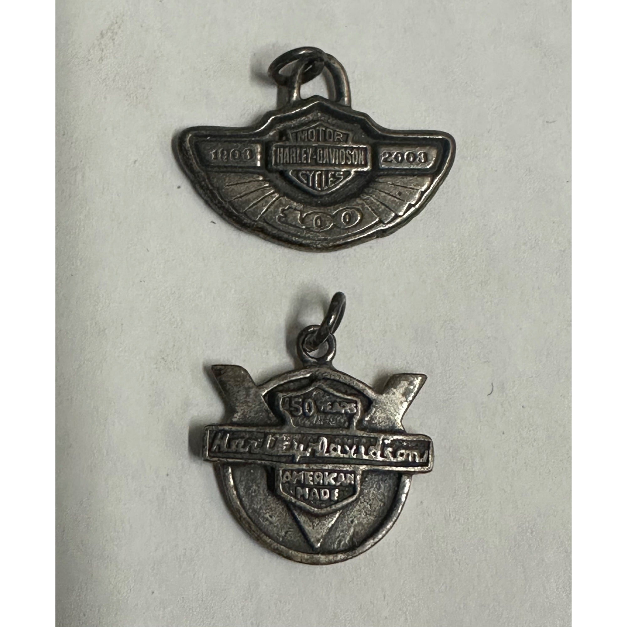 Vintage Harley Davidson Motorycle (2) Sterling Bracelet Charms 50 Years + 100 Years