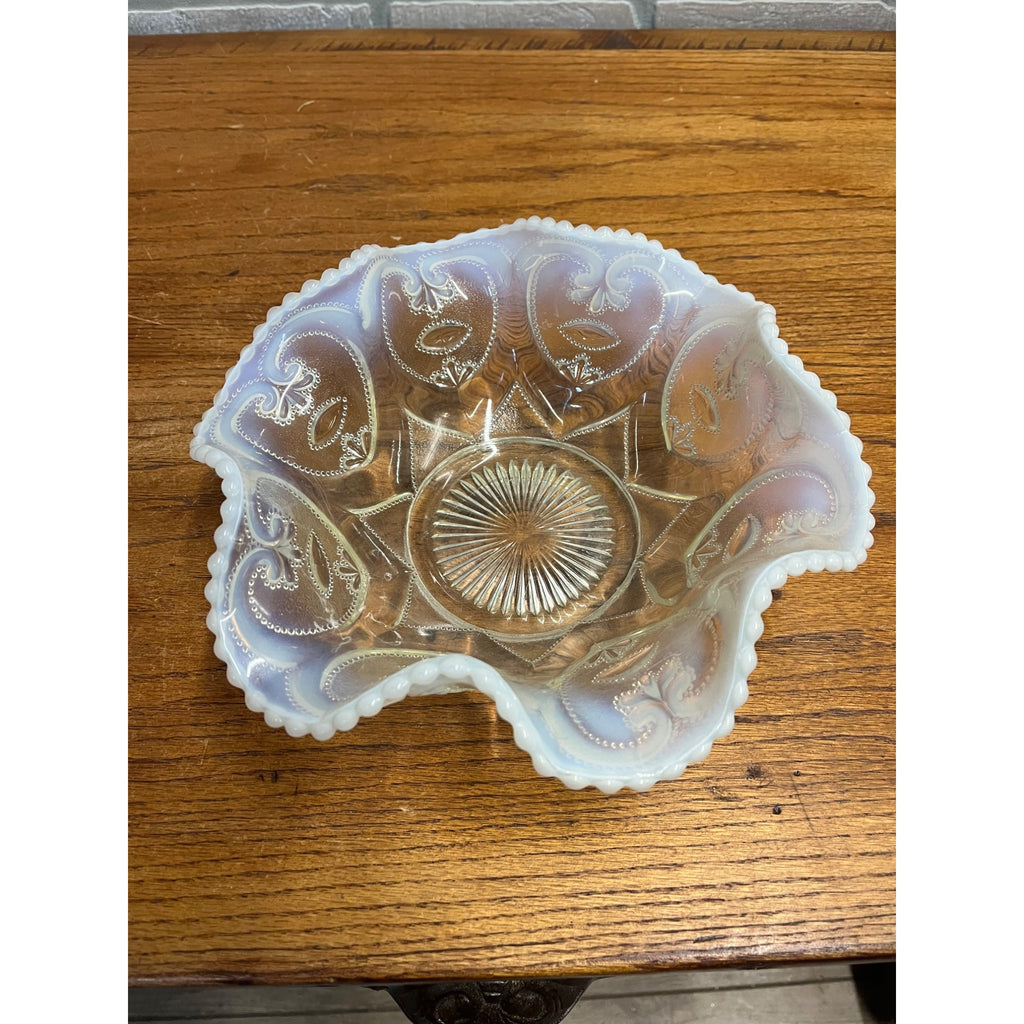Vintage Dugan Jeweled Heart White Opalescent Ruffled Bowl Large Serving Dish 10"