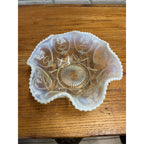 Vintage Dugan Jeweled Heart White Opalescent Ruffled Bowl Large Serving Dish 10"