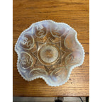 Vintage Dugan Jeweled Heart White Opalescent Ruffled Bowl Large Serving Dish 10"