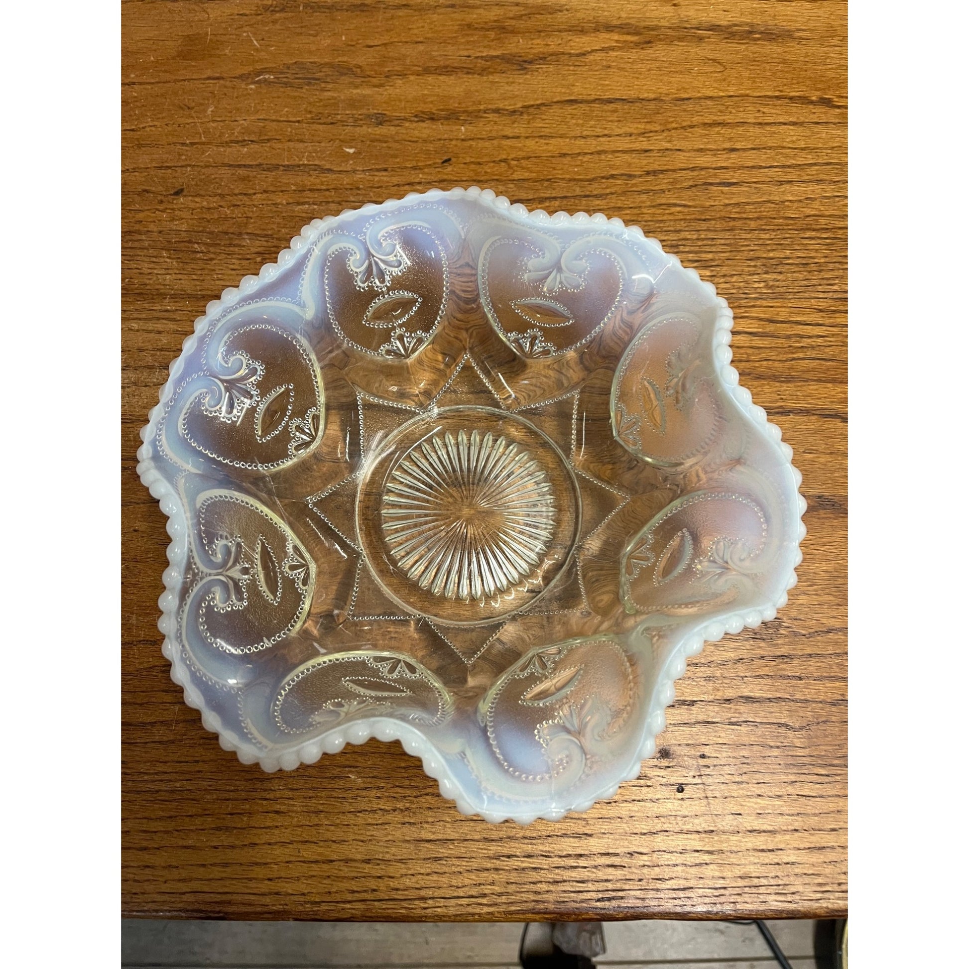 Vintage Dugan Jeweled Heart White Opalescent Ruffled Bowl Large Serving Dish 10"