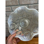 Vintage Dugan Jeweled Heart White Opalescent Ruffled Bowl Large Serving Dish 10"