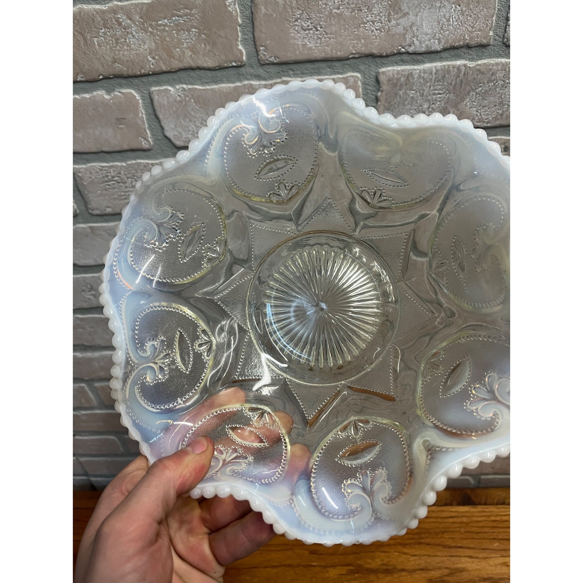 Vintage Dugan Jeweled Heart White Opalescent Ruffled Bowl Large Serving Dish 10"