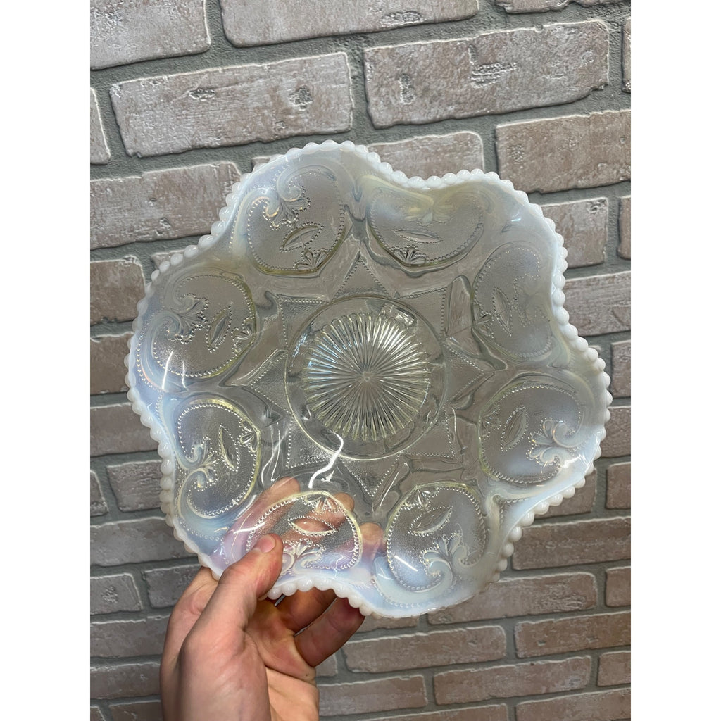 Vintage Dugan Jeweled Heart White Opalescent Ruffled Bowl Large Serving Dish 10"