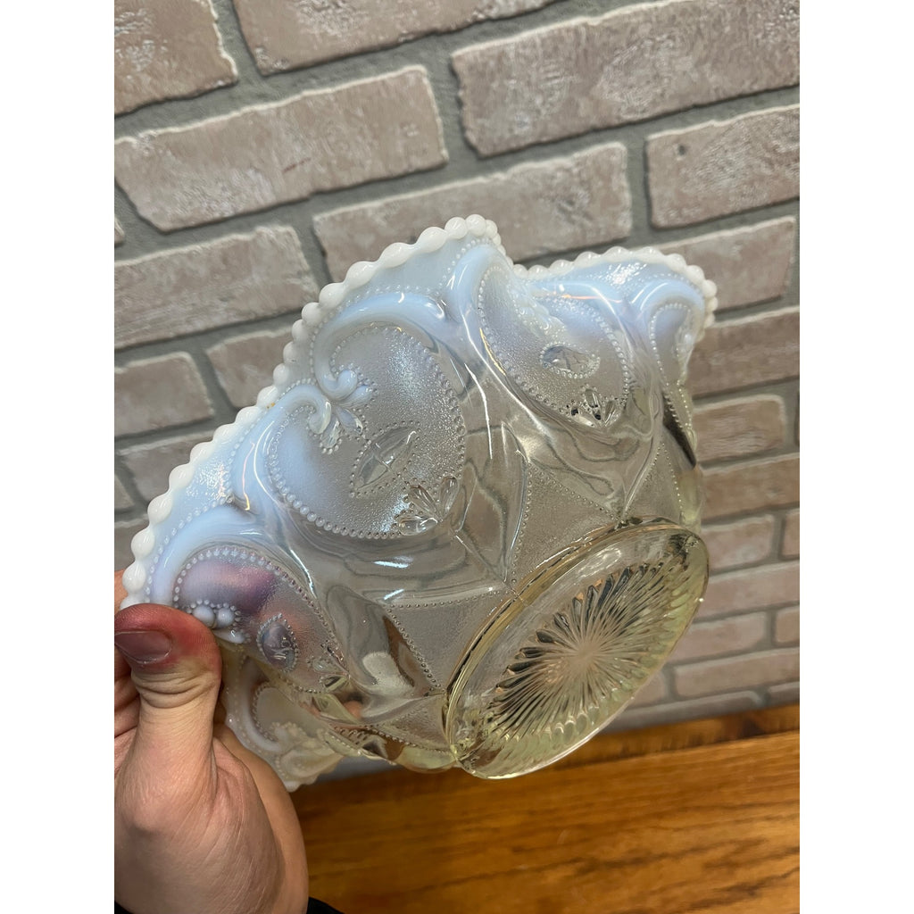 Vintage Dugan Jeweled Heart White Opalescent Ruffled Bowl Large Serving Dish 10"