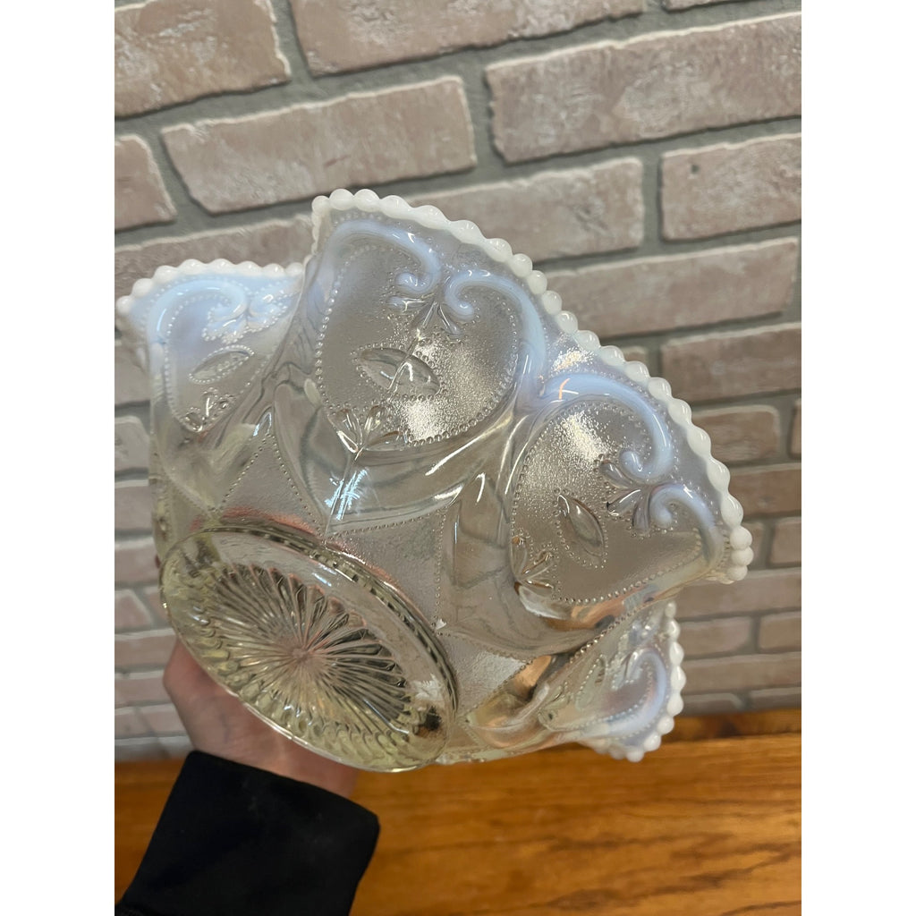 Vintage Dugan Jeweled Heart White Opalescent Ruffled Bowl Large Serving Dish 10"