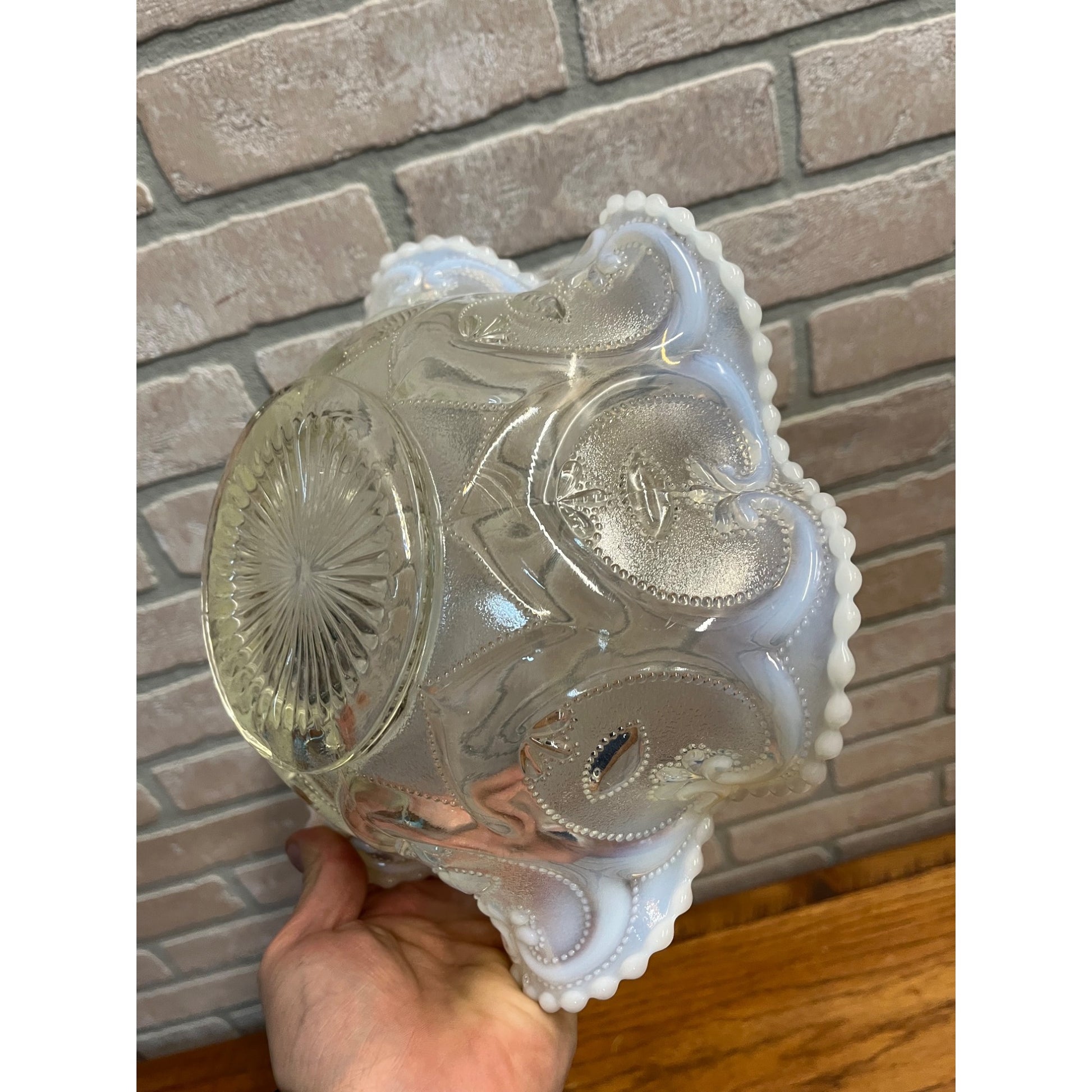 Vintage Dugan Jeweled Heart White Opalescent Ruffled Bowl Large Serving Dish 10"