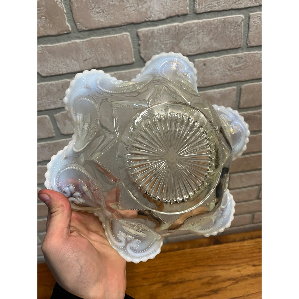 Vintage Dugan Jeweled Heart White Opalescent Ruffled Bowl Large Serving Dish 10"