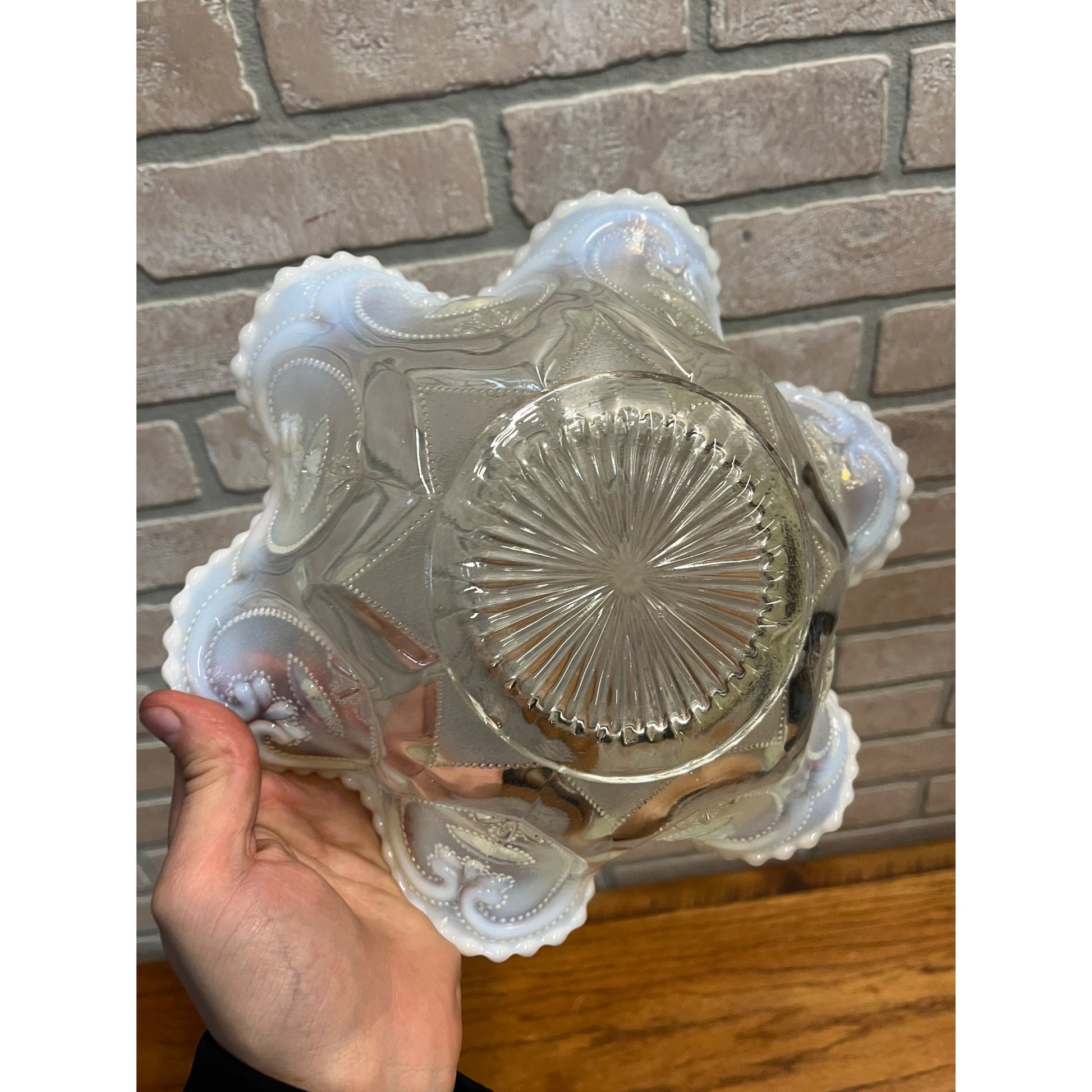 Vintage Dugan Jeweled Heart White Opalescent Ruffled Bowl Large Serving Dish 10"