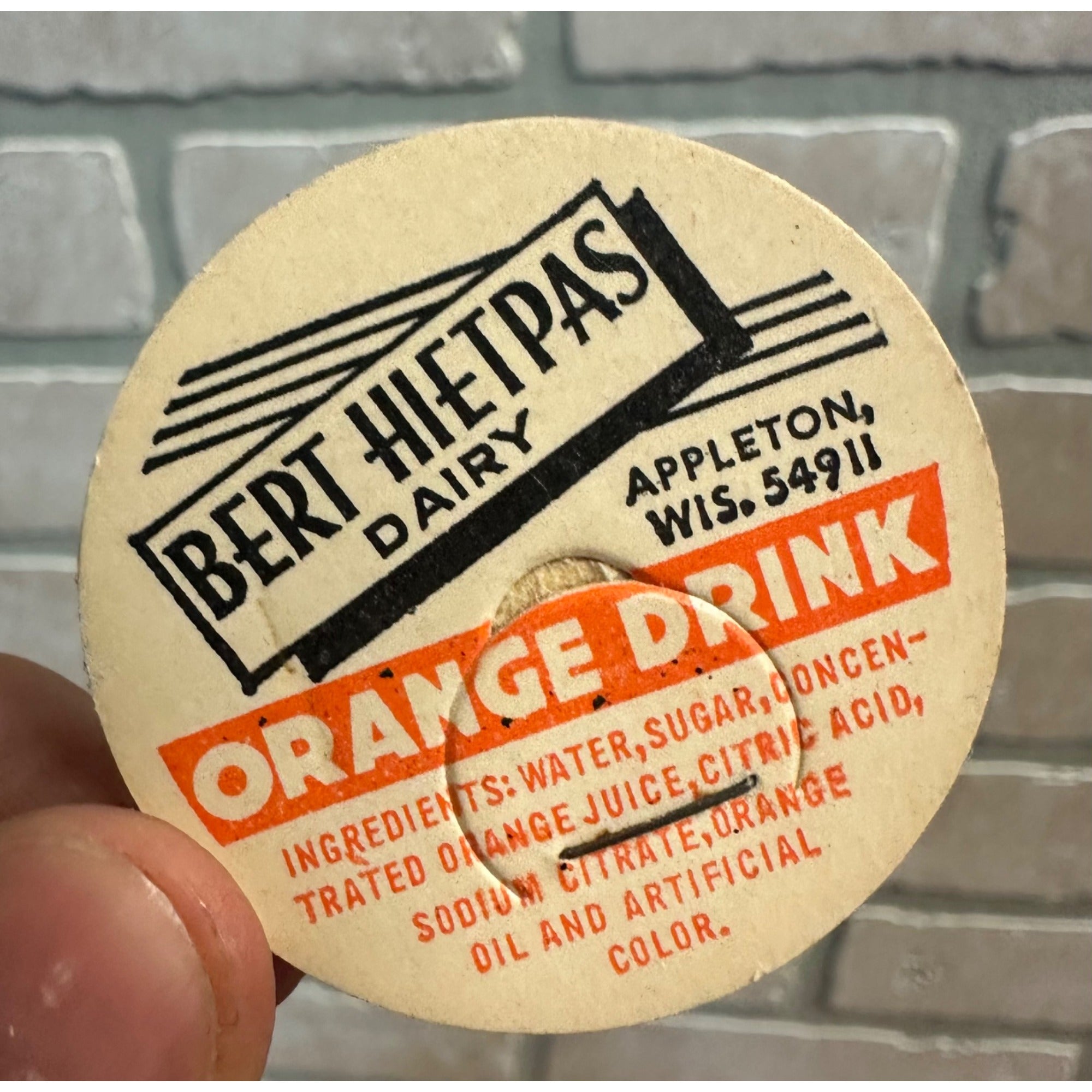 Milk Bottle Cap - Bert Hieptas Dairy - Appleton, (Wisconsin) Wis WI - Orange
