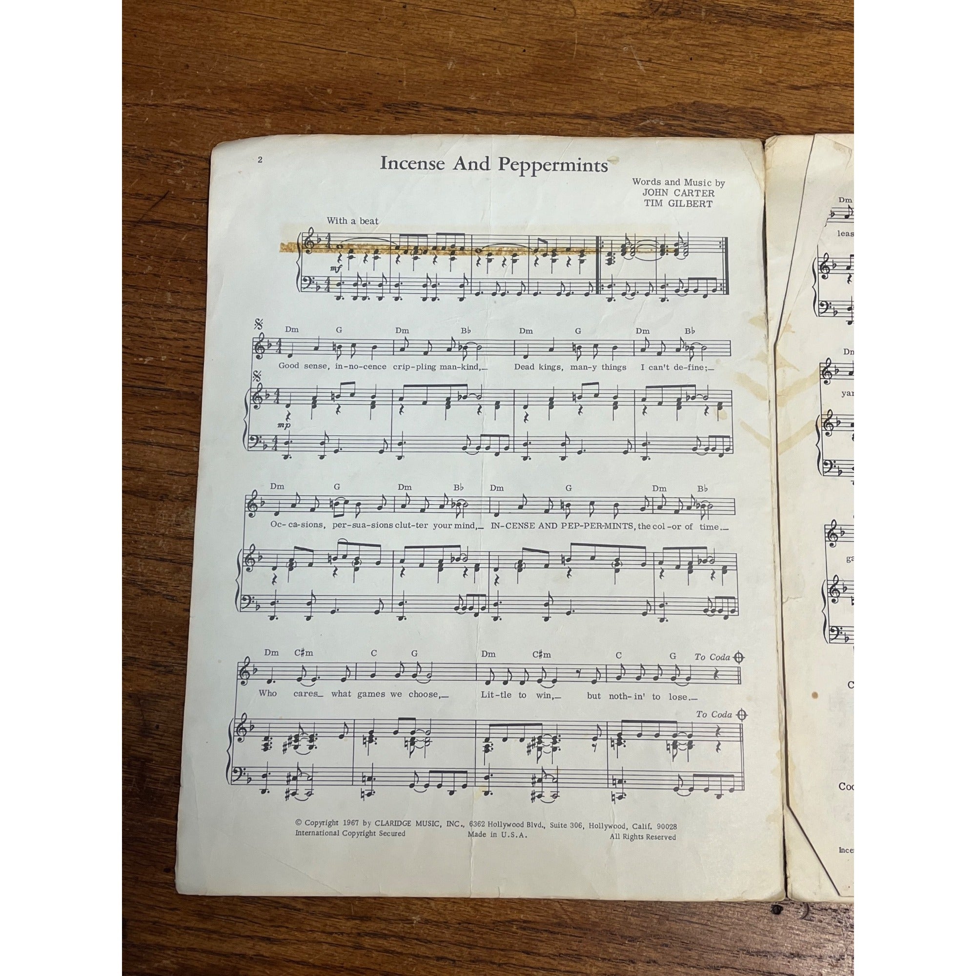Vintage Incense & Peppermints John Carter Tim Gilbert Sheet Music Claridge 1967
