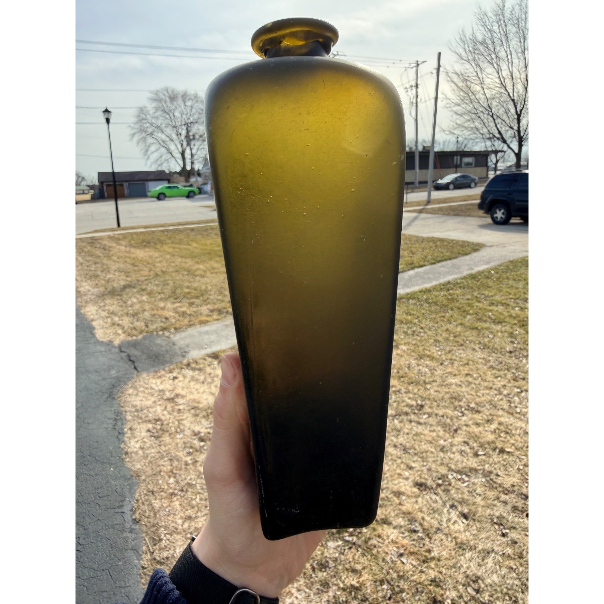 Open Pontil 1770s Olive Green Colonial Era Case Gin Bottle Crude Flat Ring Lip