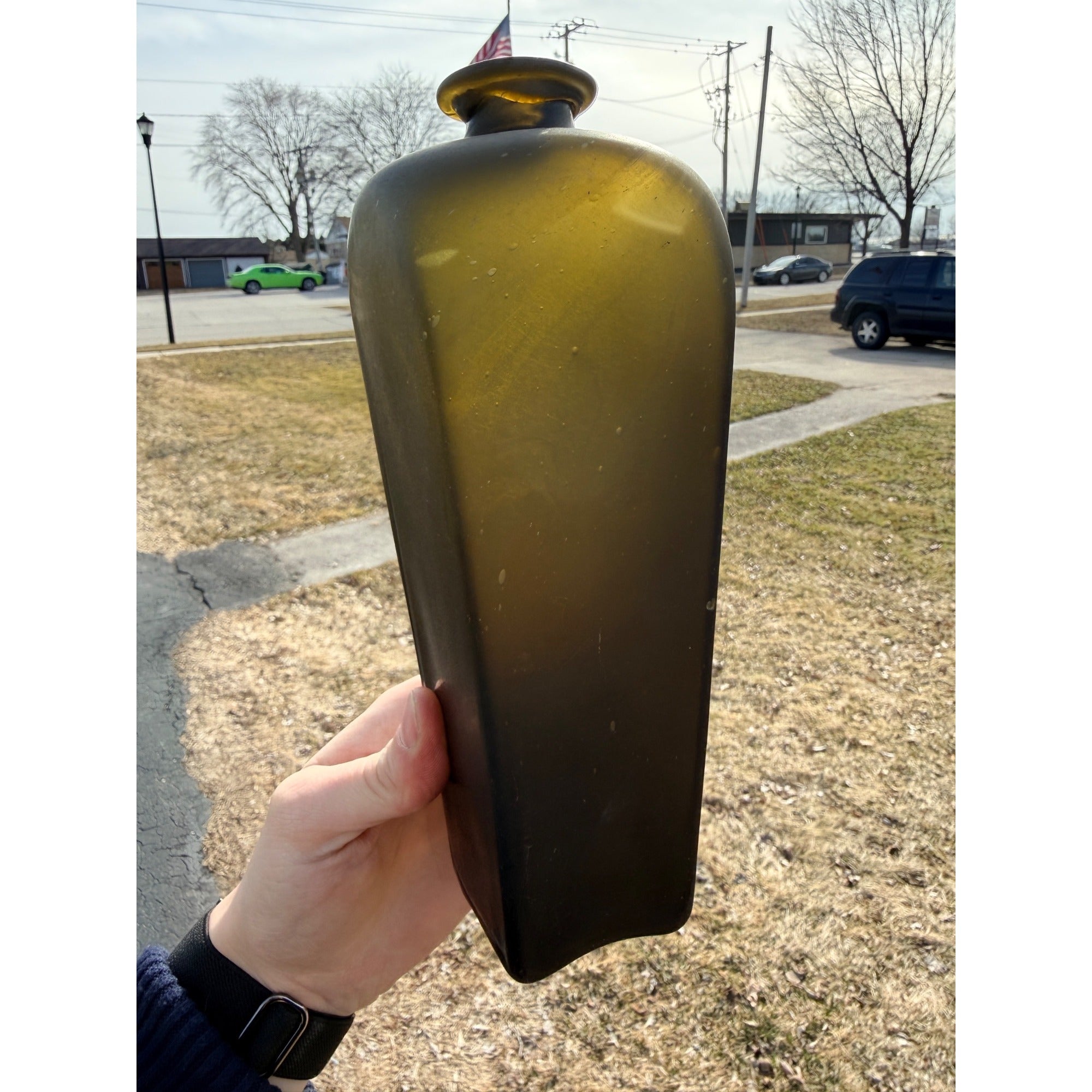 Open Pontil 1770s Olive Green Colonial Era Case Gin Bottle Crude Flat Ring Lip