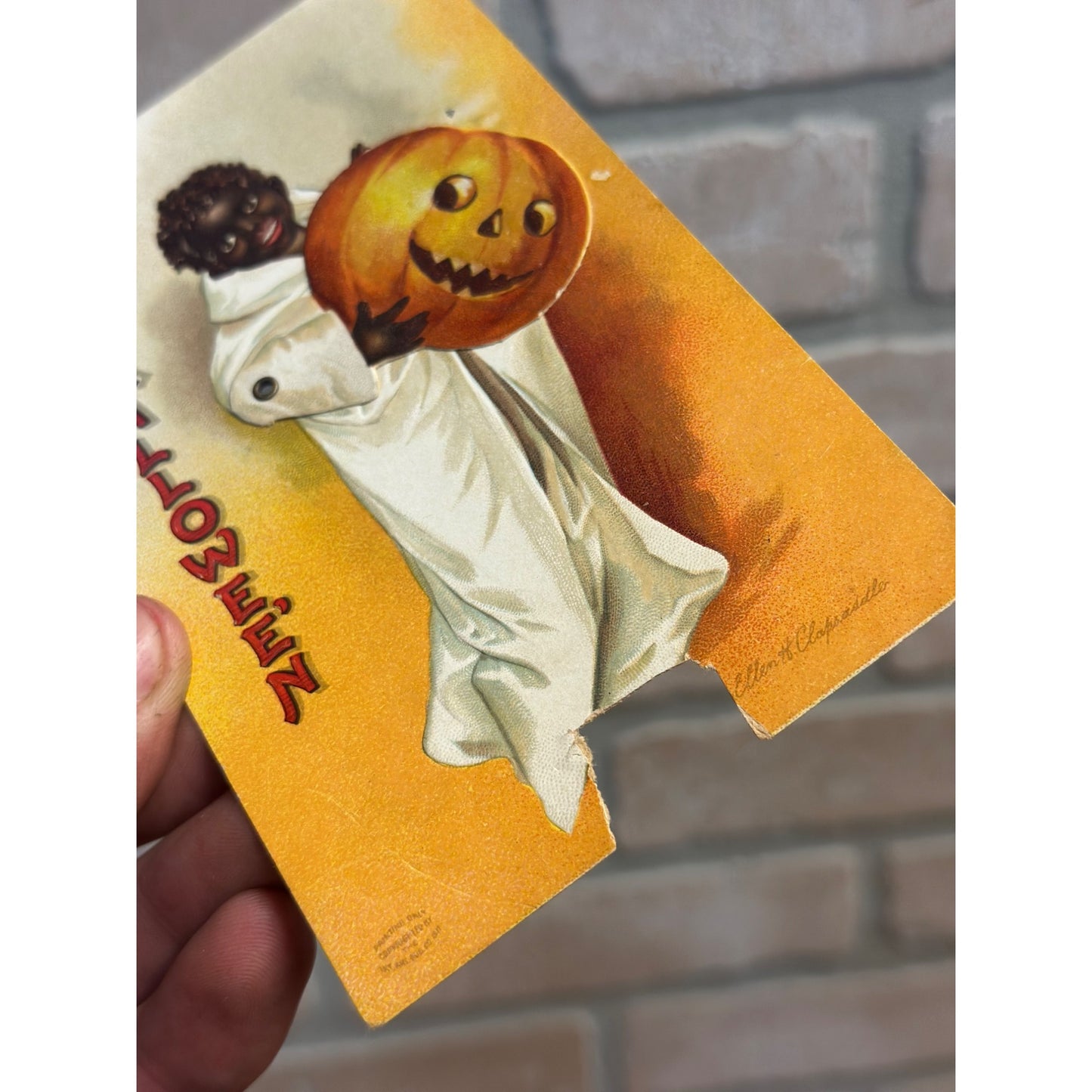 Vintage Halloween Mechanical Postcard Young Boy Mask Clapsaddle - As-Is