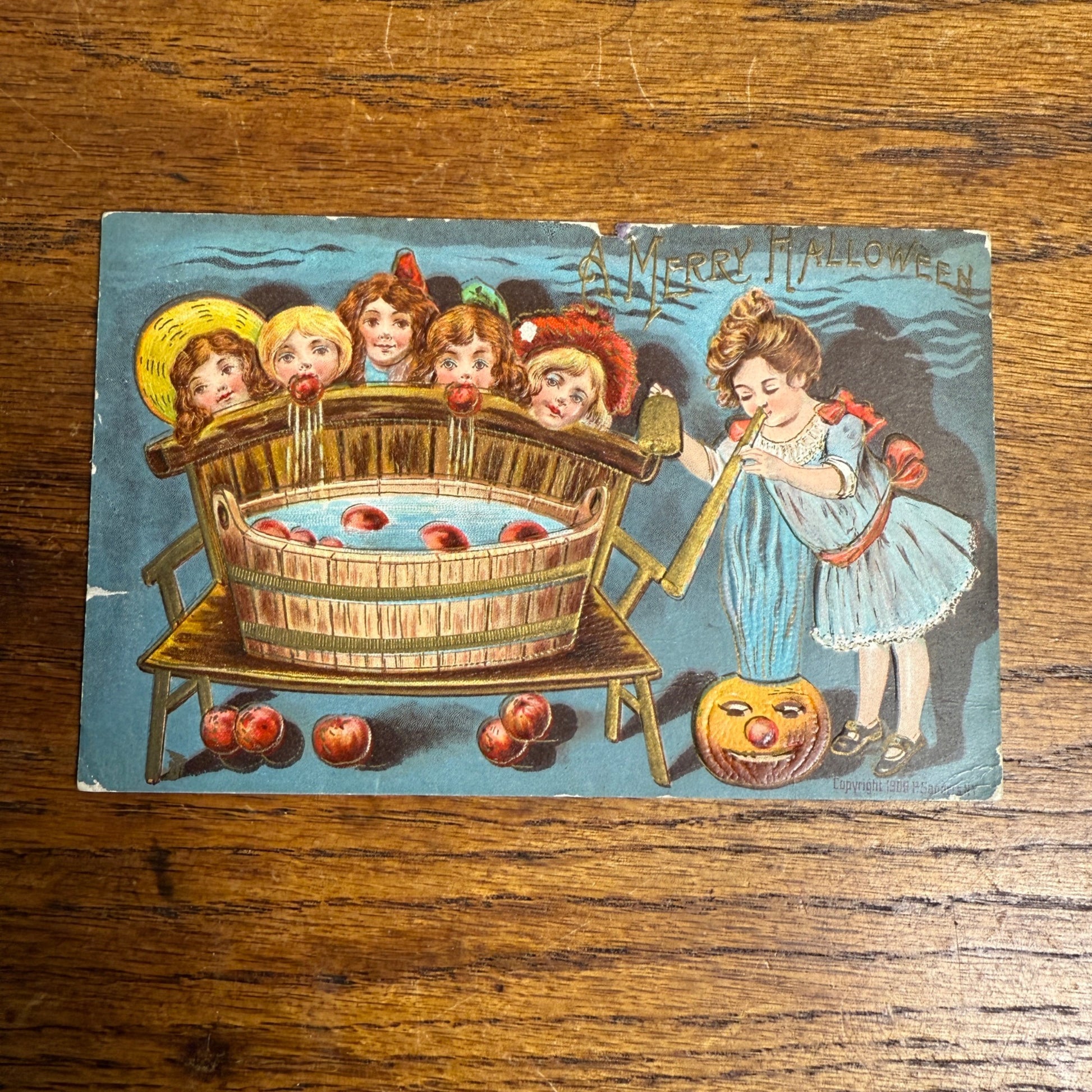 Vintage 1909 Halloween Postcard Embossed Bobbing Apples Girl JOL