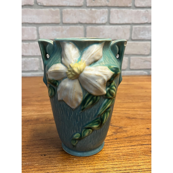 Vintage Roseville Art Pottery Blue Clematis 9.25 in Vase 105-7 — Chipped