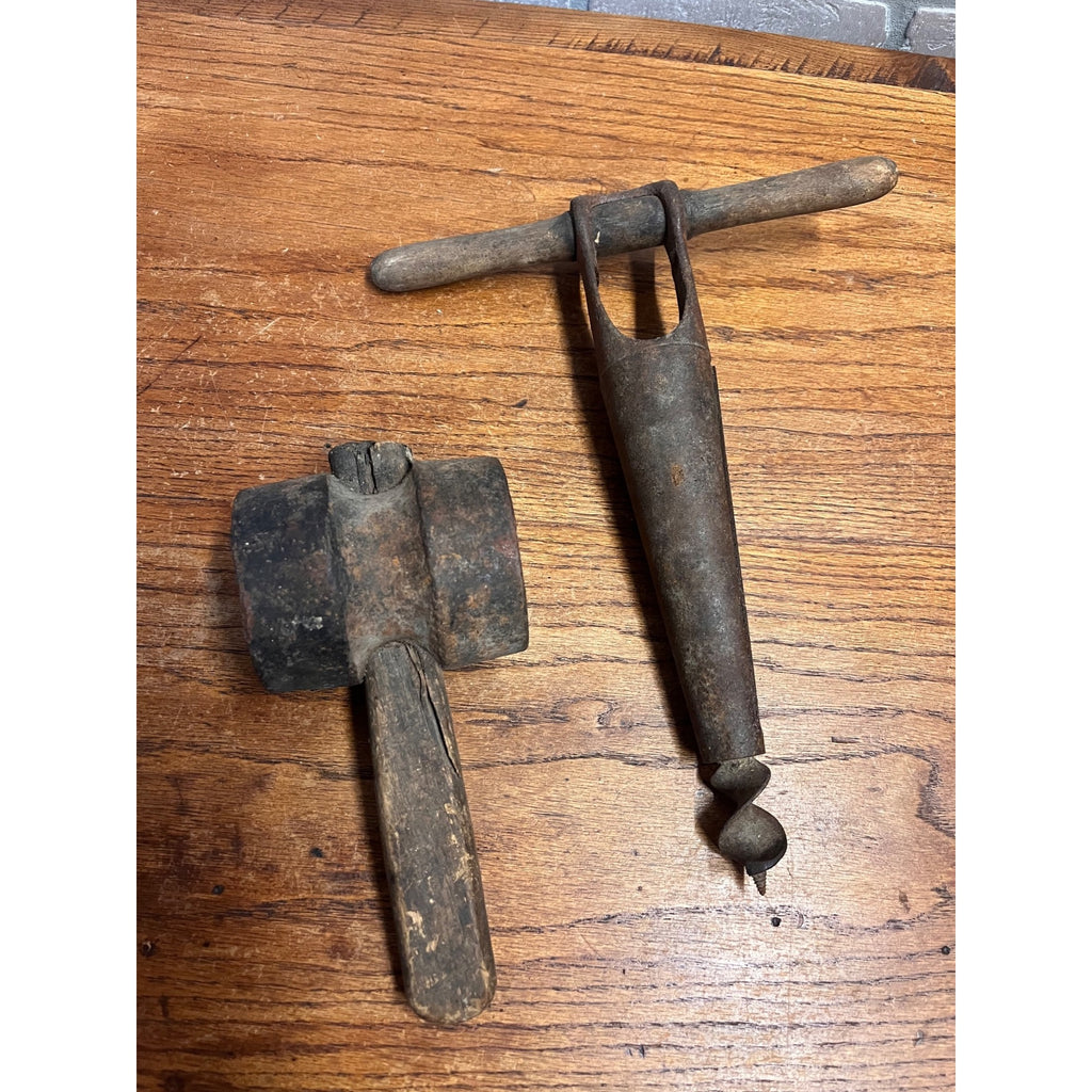 Vintage Pair Wood Barrelmaking Cooper Hand Tools Mallet & Bung Hole Auger Winemaking Primitive