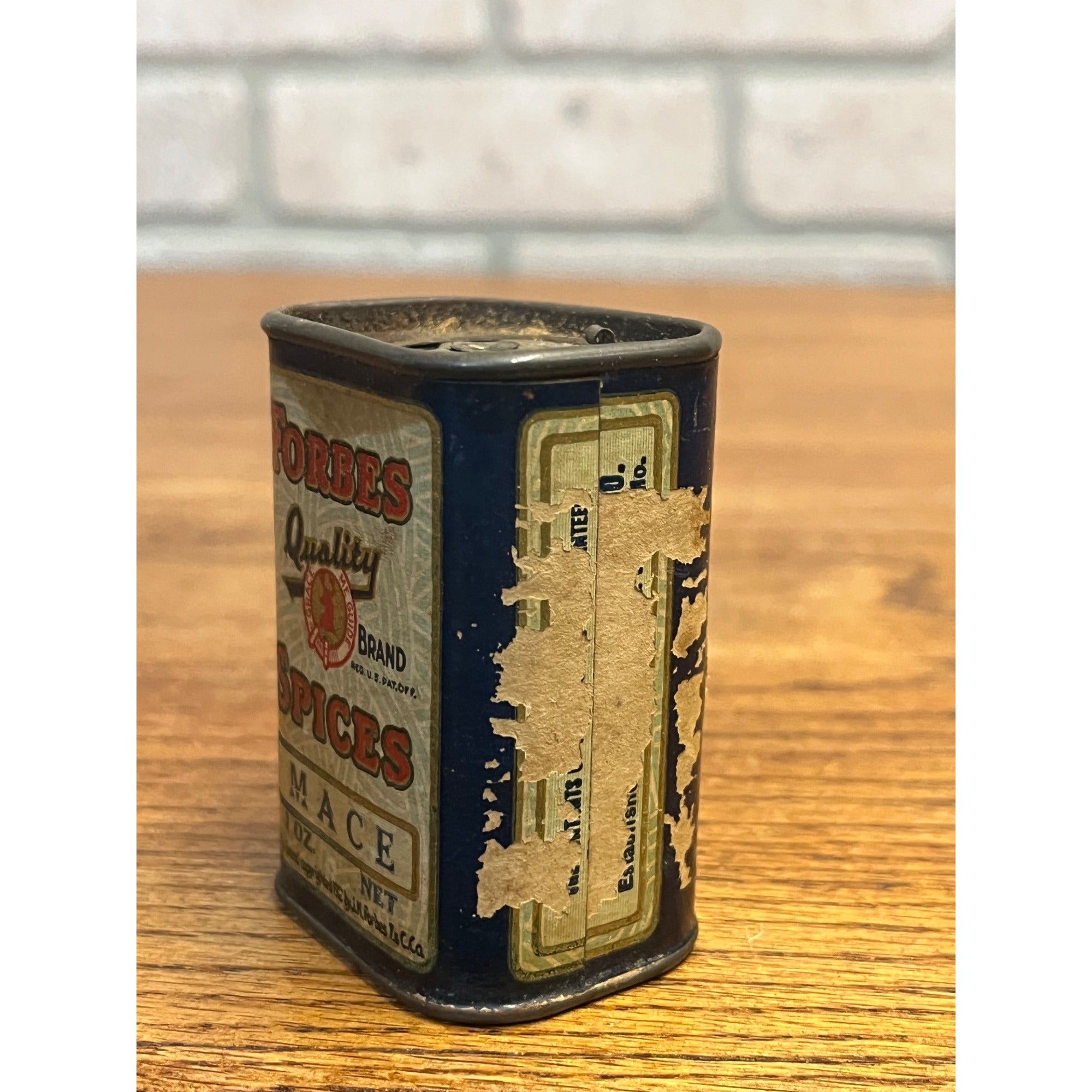 Antique Forbes Deer Stag Head Mace Sample Size Spice Tin Can St. Louis MO.