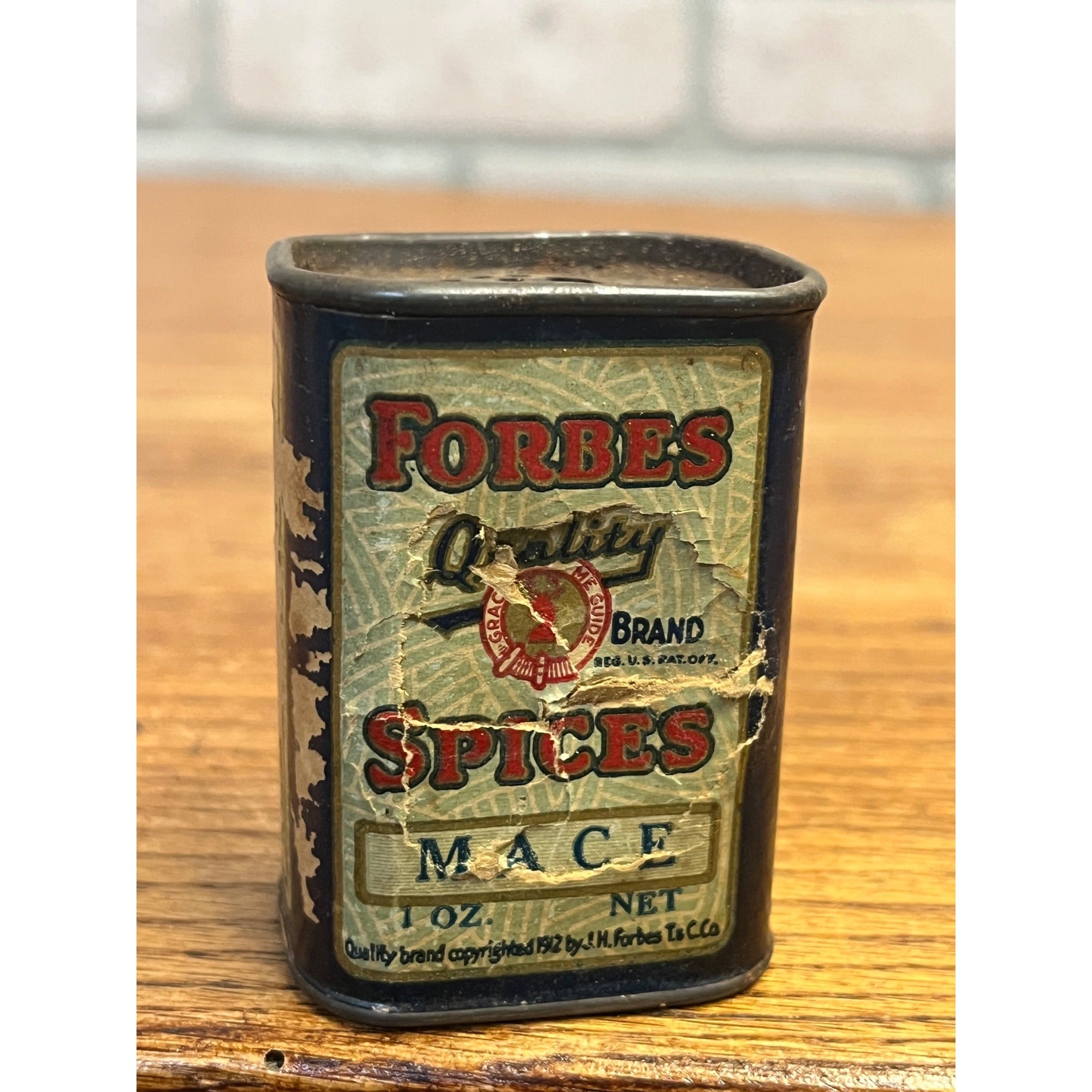 Antique Forbes Deer Stag Head Mace Sample Size Spice Tin Can St. Louis MO.