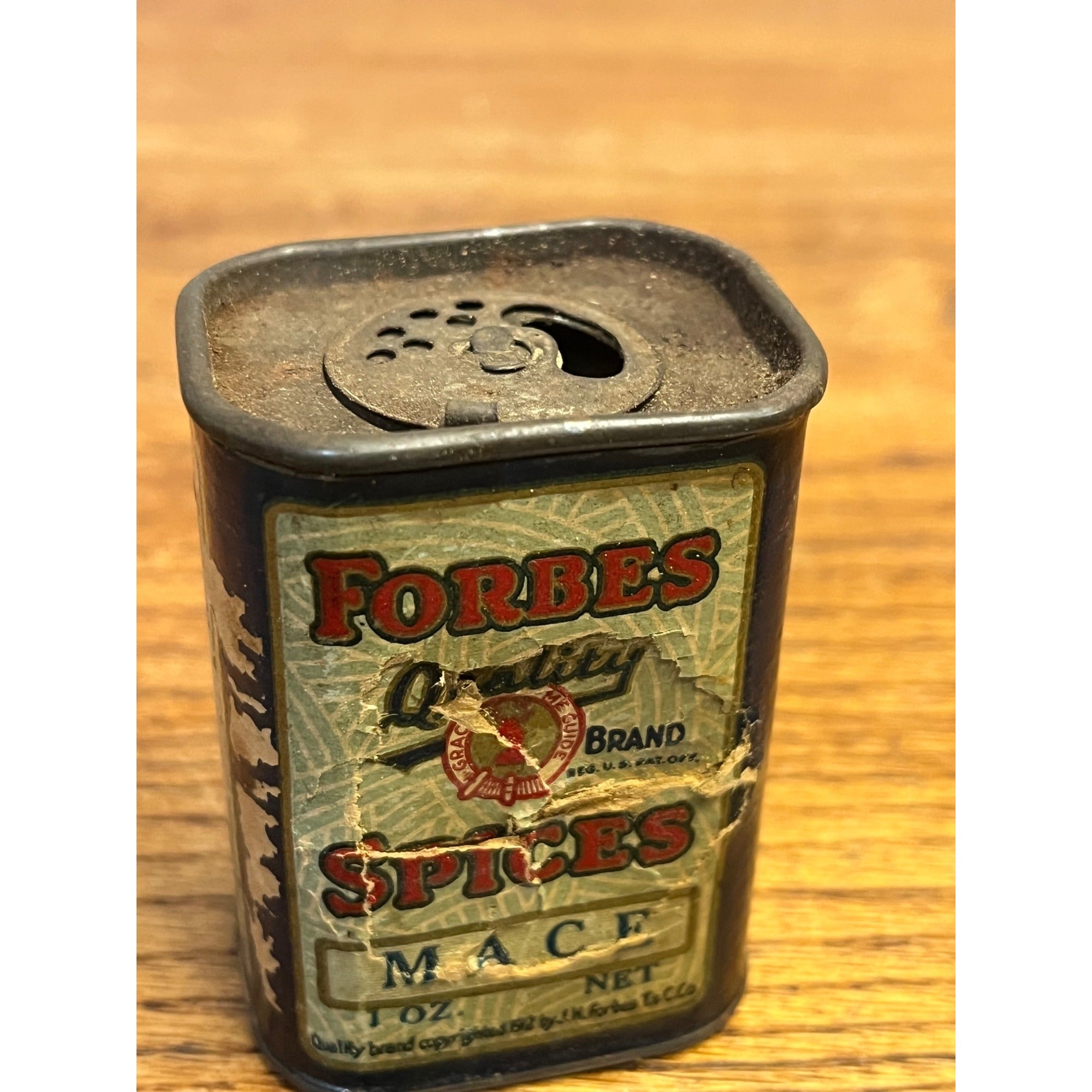 Antique Forbes Deer Stag Head Mace Sample Size Spice Tin Can St. Louis MO.