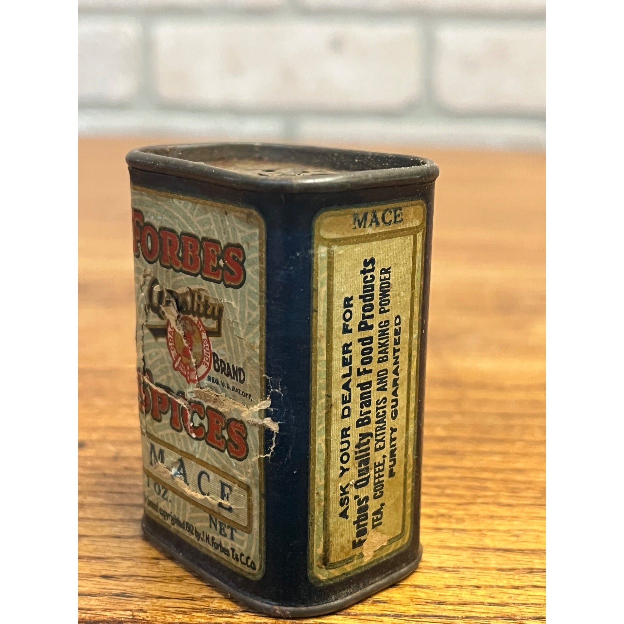 Antique Forbes Deer Stag Head Mace Sample Size Spice Tin Can St. Louis MO.