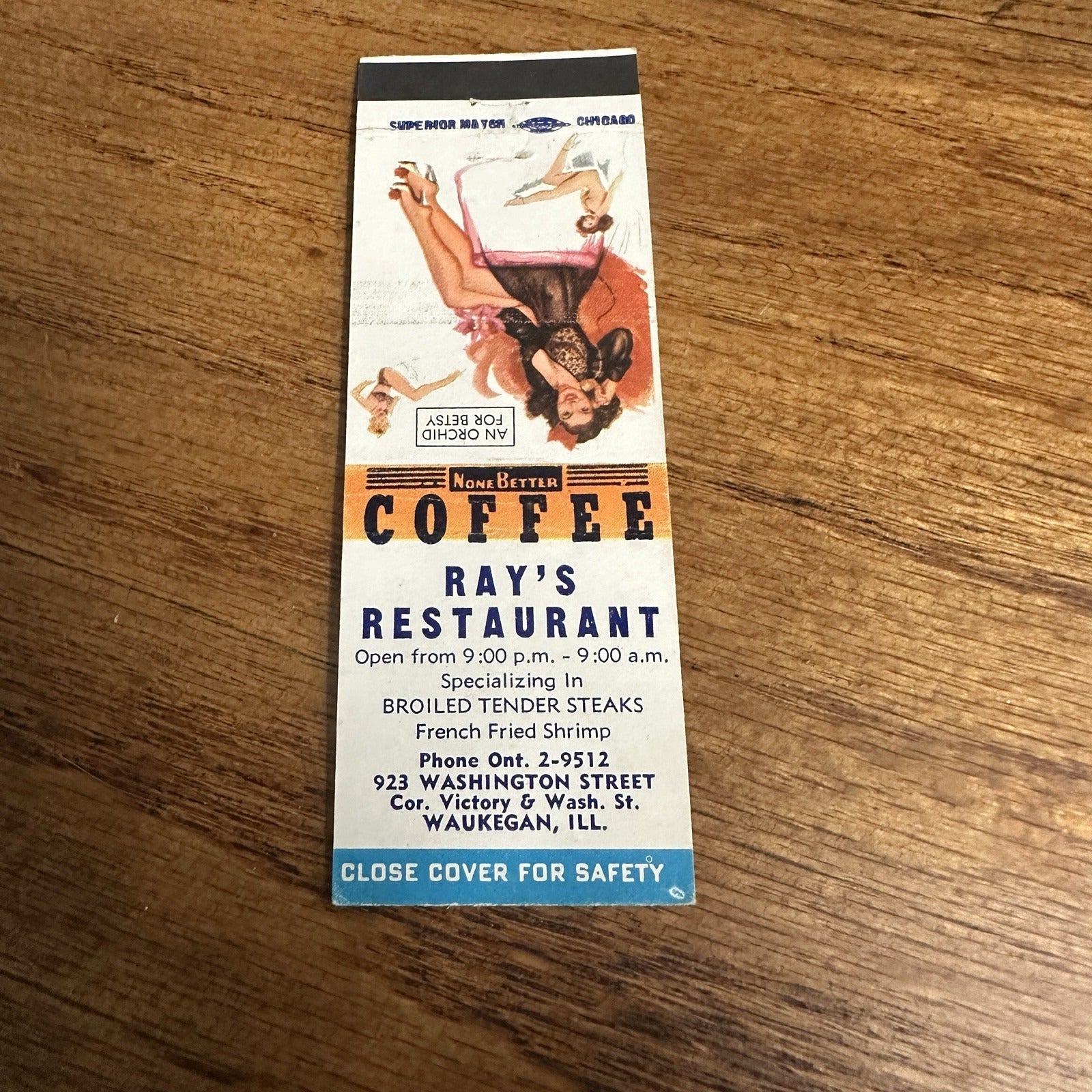 1940s 1950s Pinup Girl Girlie Matchbook Cover Rays Restaurant Waukegan ILL