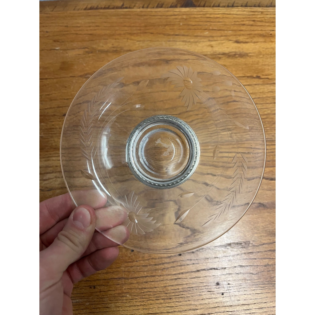 Vintage Etched Glass Sun Flower Candy Dish Pedestal Sterling Silver Base 6-3/8"