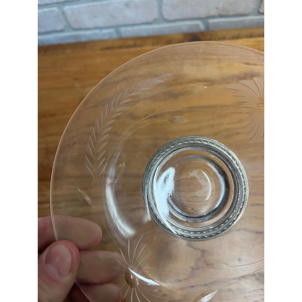 Vintage Etched Glass Sun Flower Candy Dish Pedestal Sterling Silver Base 6-3/8"