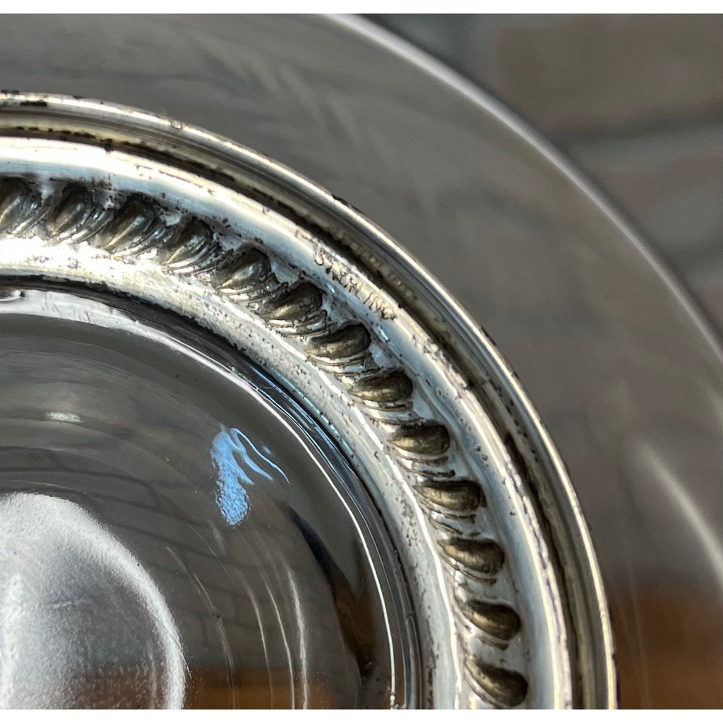 Vintage Etched Glass Sun Flower Candy Dish Pedestal Sterling Silver Base 6-3/8"