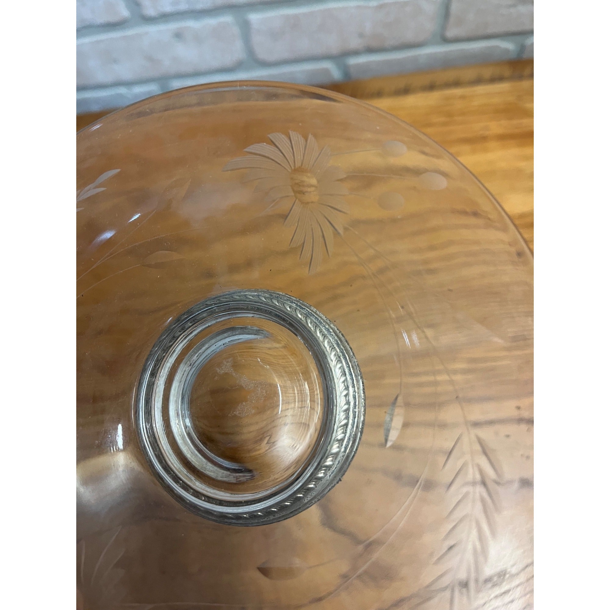 Vintage Etched Glass Sun Flower Candy Dish Pedestal Sterling Silver Base 6-3/8"