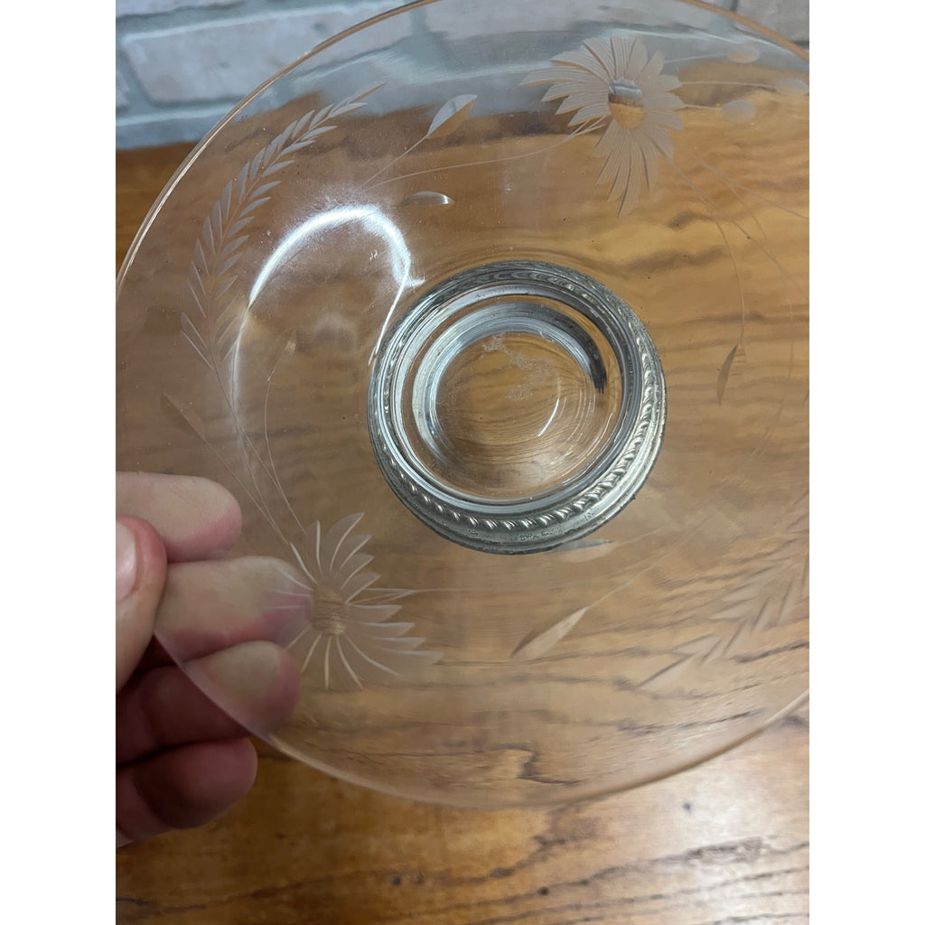 Vintage Etched Glass Sun Flower Candy Dish Pedestal Sterling Silver Base 6-3/8"