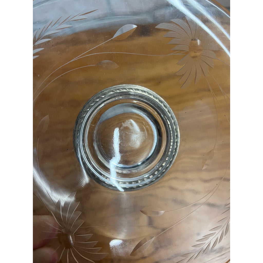 Vintage Etched Glass Sun Flower Candy Dish Pedestal Sterling Silver Base 6-3/8"