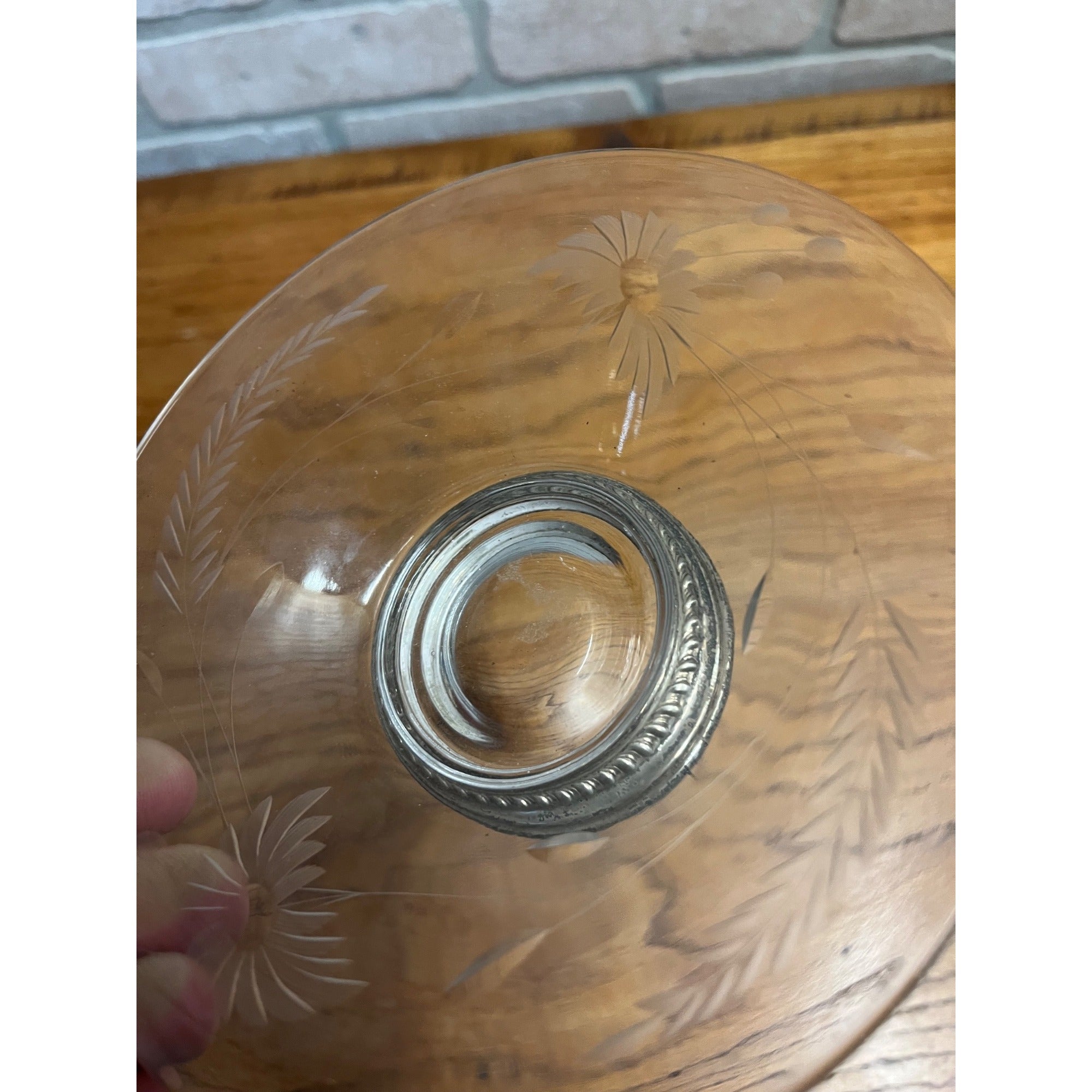 Vintage Etched Glass Sun Flower Candy Dish Pedestal Sterling Silver Base 6-3/8"