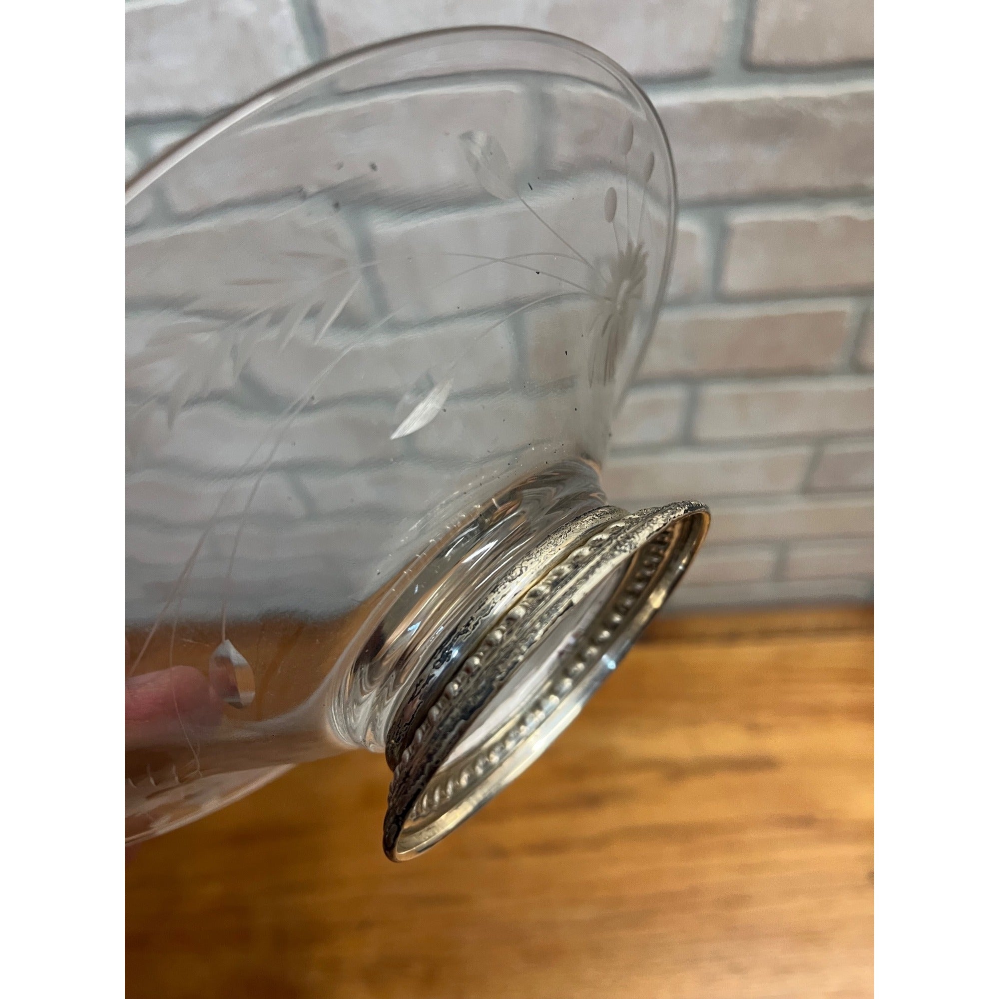 Vintage Etched Glass Sun Flower Candy Dish Pedestal Sterling Silver Base 6-3/8"