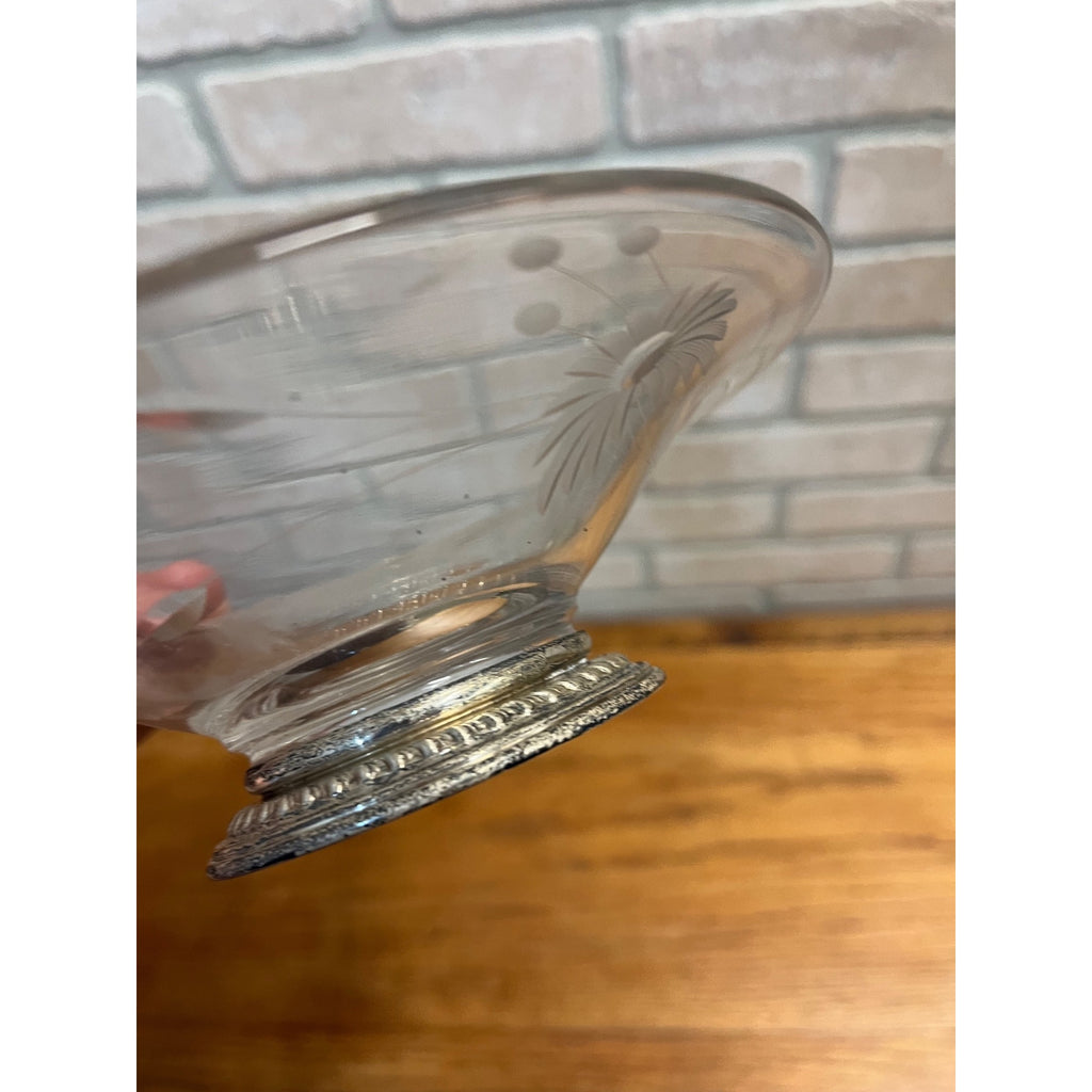 Vintage Etched Glass Sun Flower Candy Dish Pedestal Sterling Silver Base 6-3/8"