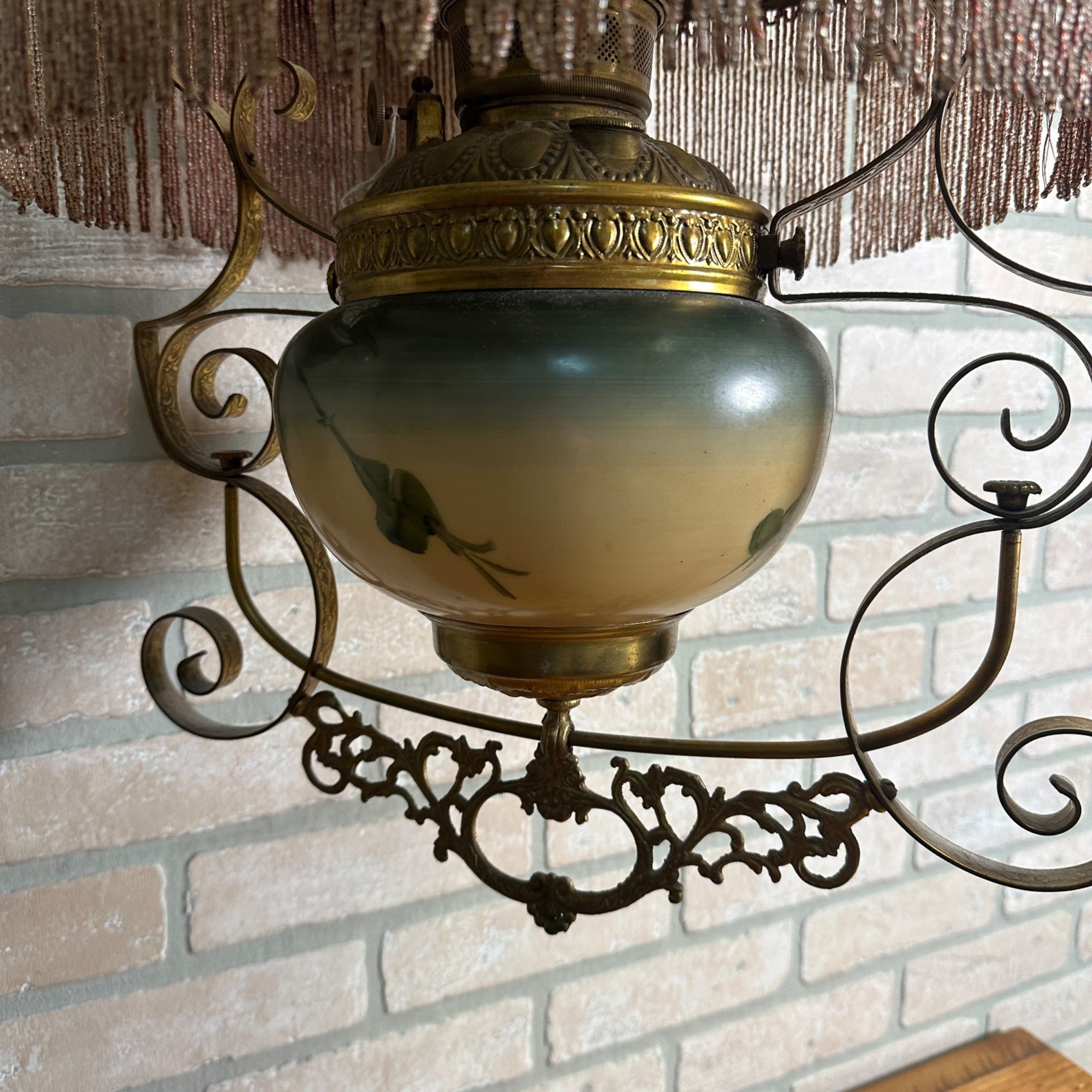 Antique Victorian Hanging Brass Oil Lamp w/ Painted Shades & Beaded Fringe