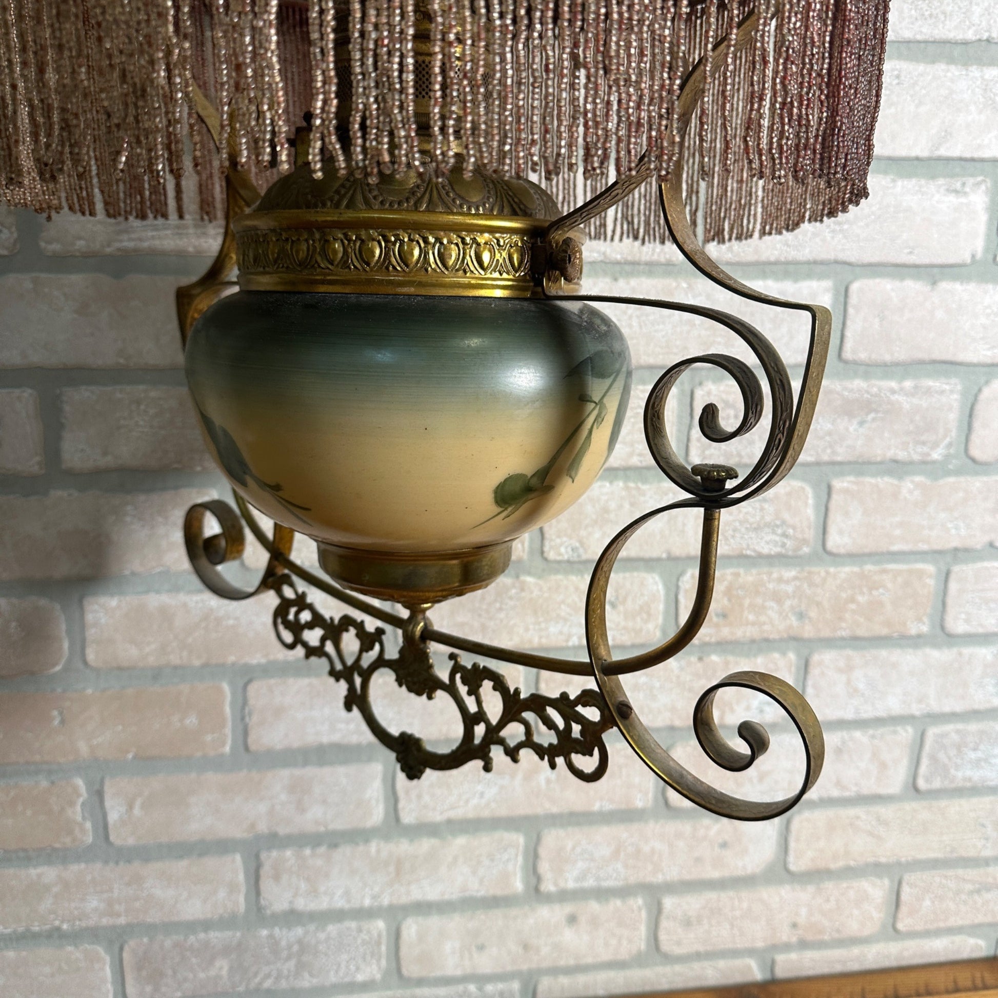 Antique Victorian Hanging Brass Oil Lamp w/ Painted Shades & Beaded Fringe