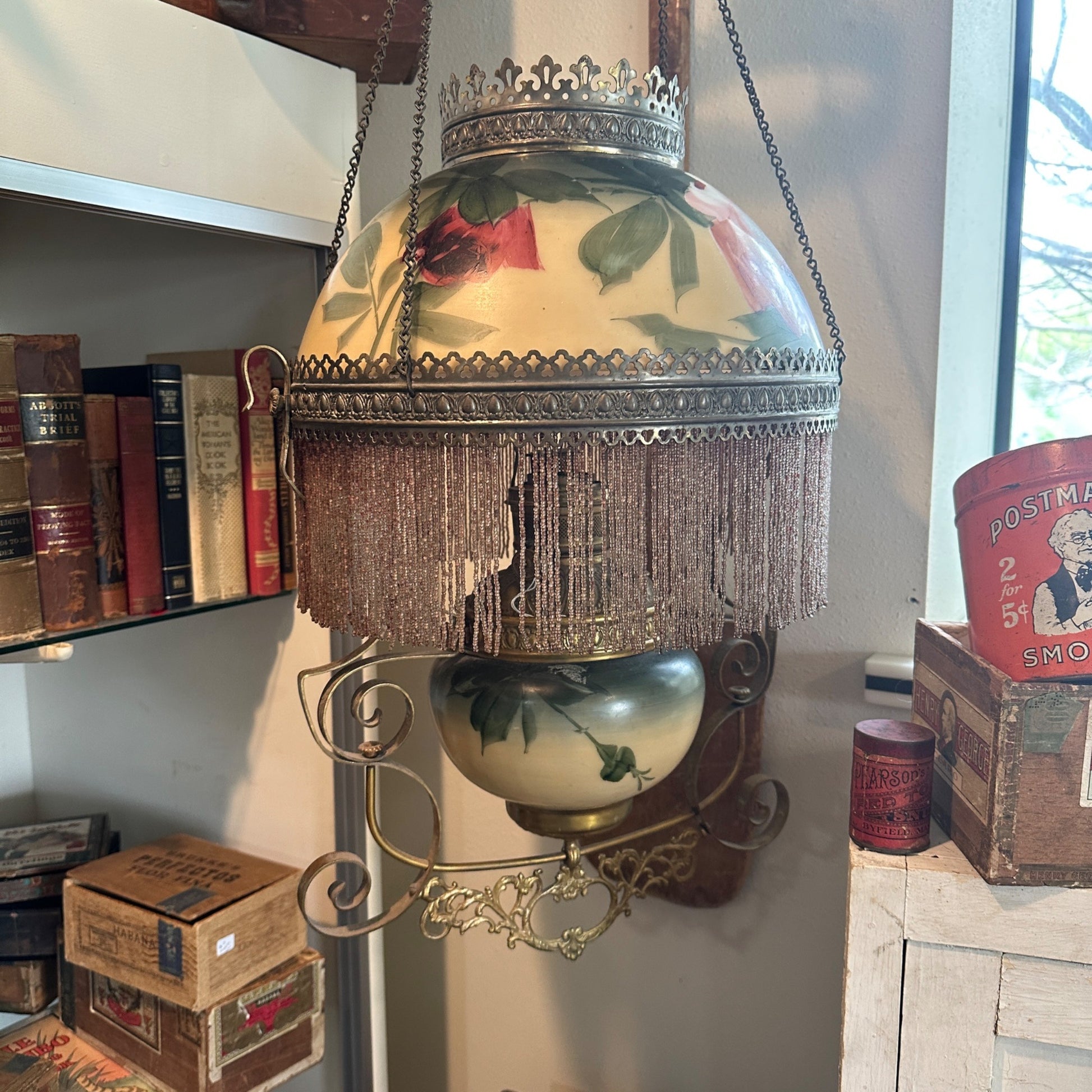 Antique Victorian Hanging Brass Oil Lamp w/ Painted Shades & Beaded Fringe