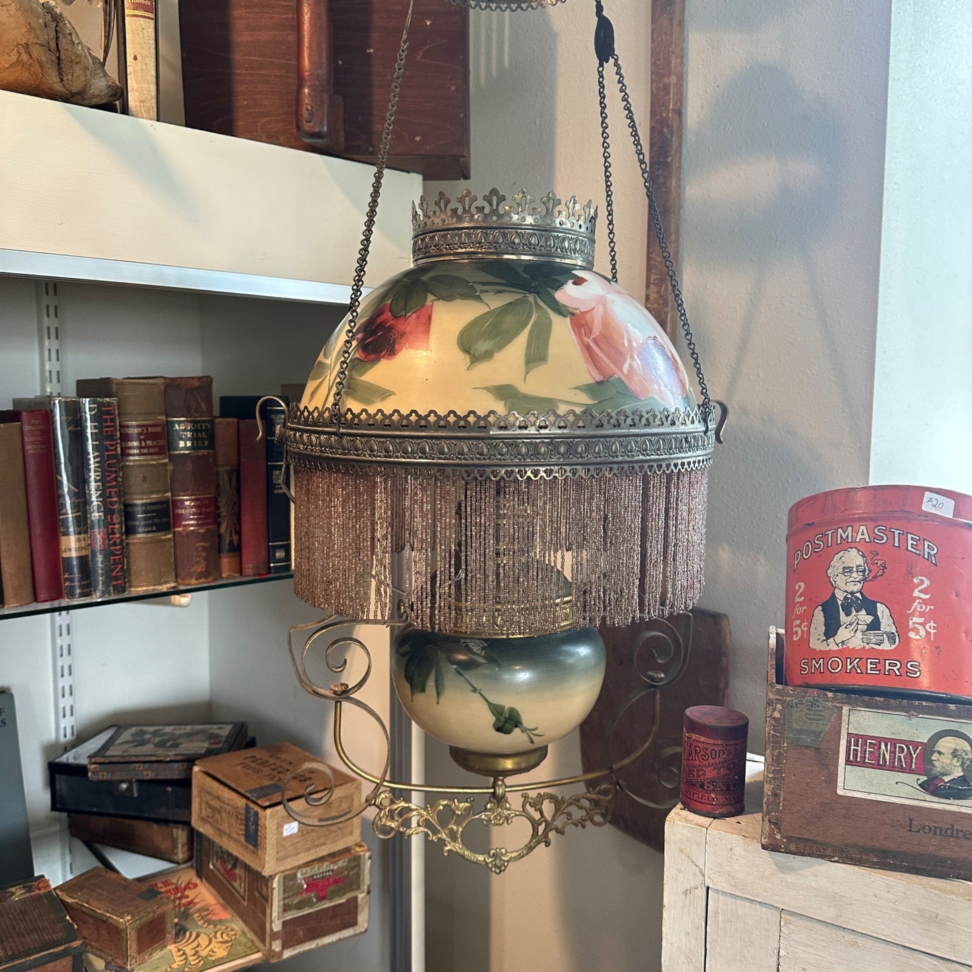 Antique Victorian Hanging Brass Oil Lamp w/ Painted Shades & Beaded Fringe