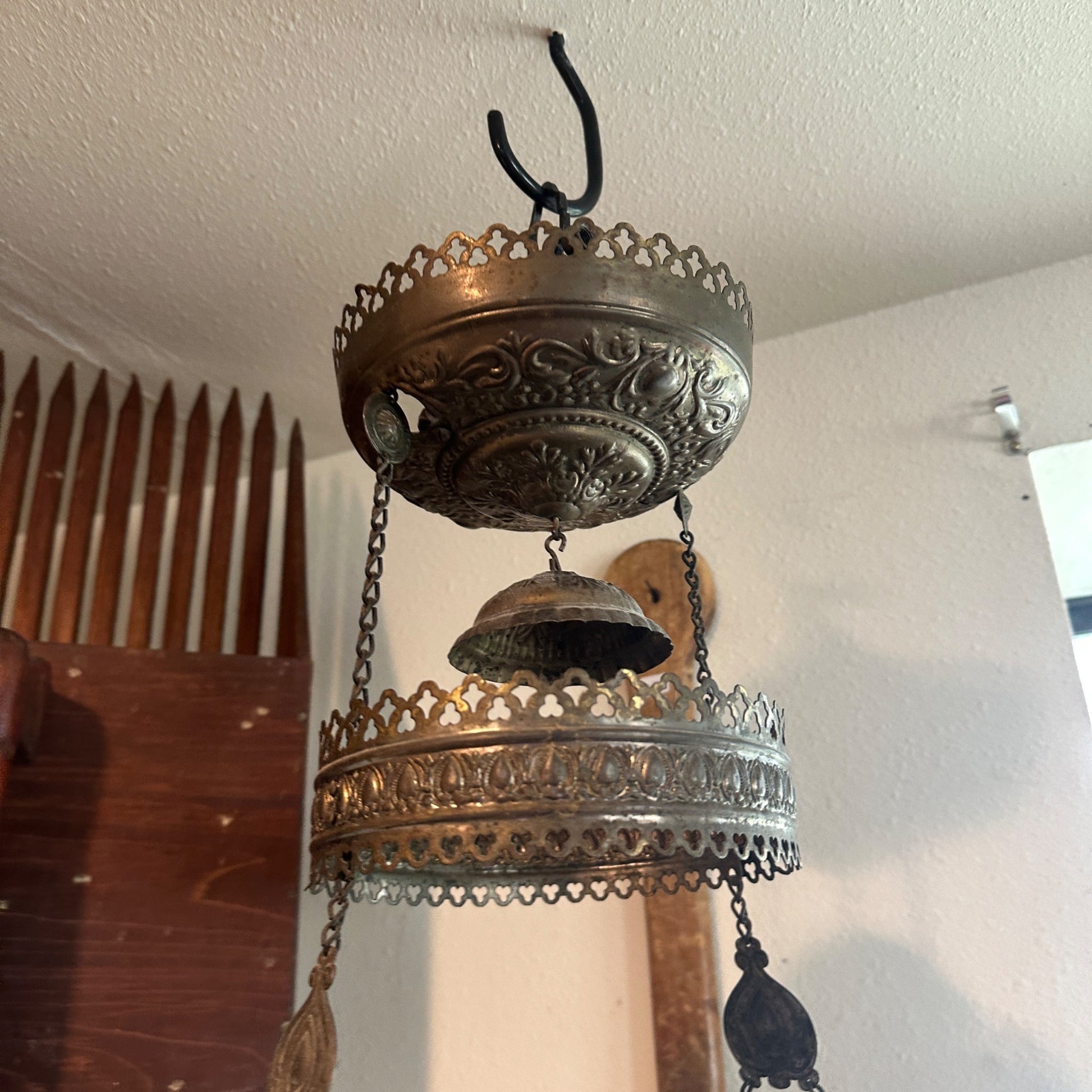 Antique Victorian Hanging Brass Oil Lamp w/ Painted Shades & Beaded Fringe