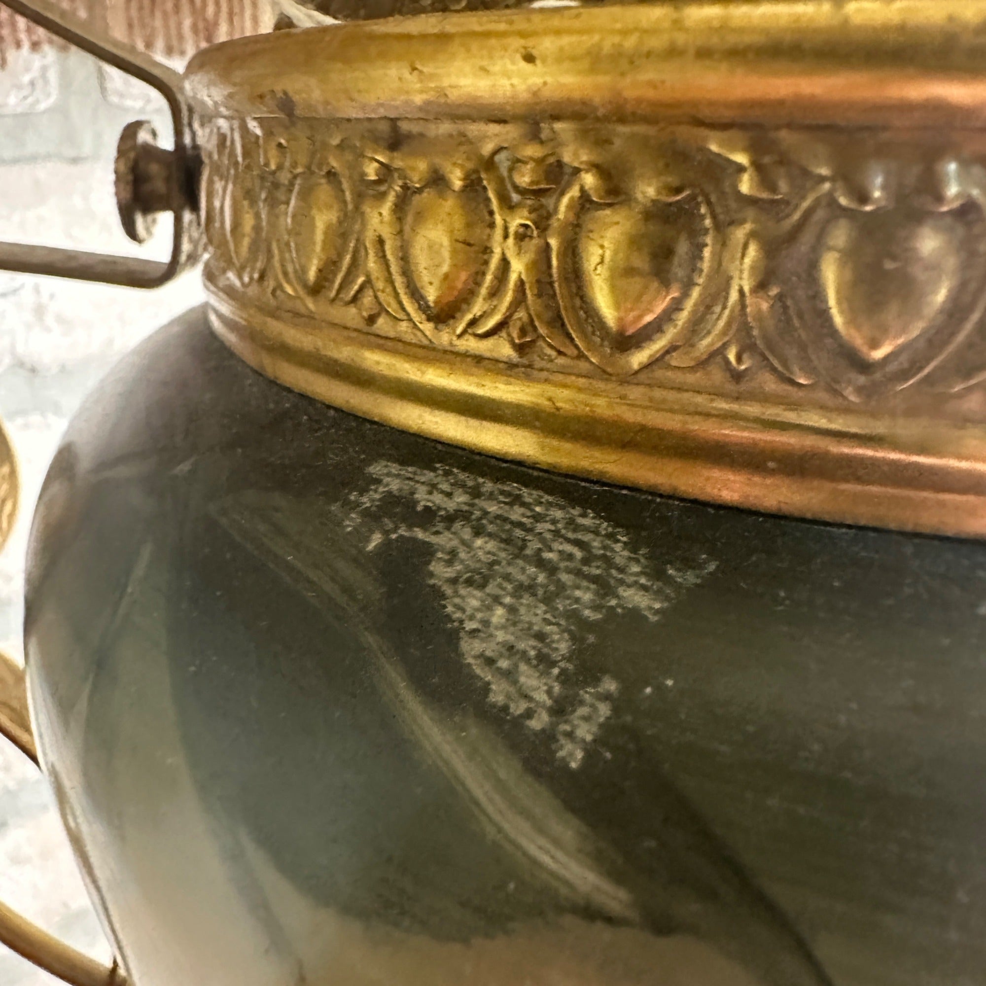 Antique Victorian Hanging Brass Oil Lamp w/ Painted Shades & Beaded Fringe