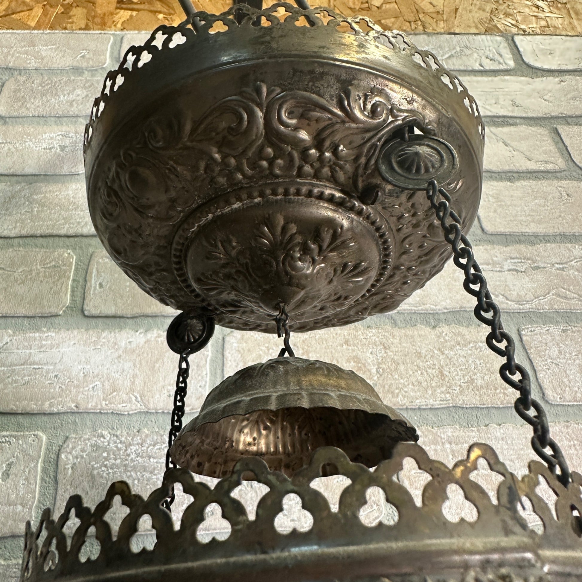 Antique Victorian Hanging Brass Oil Lamp w/ Painted Shades & Beaded Fringe