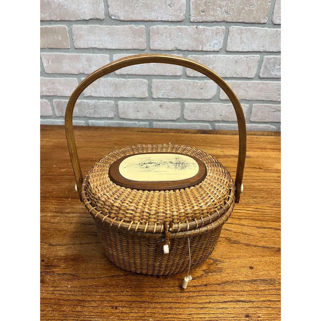 Original Farnum 1979 Nantucket Purse Basket Signed & Dated Nautical Port Scene