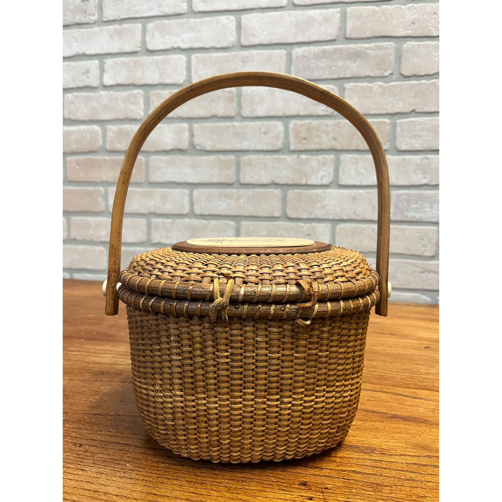 Original Farnum 1979 Nantucket Purse Basket Signed & Dated Nautical Port Scene