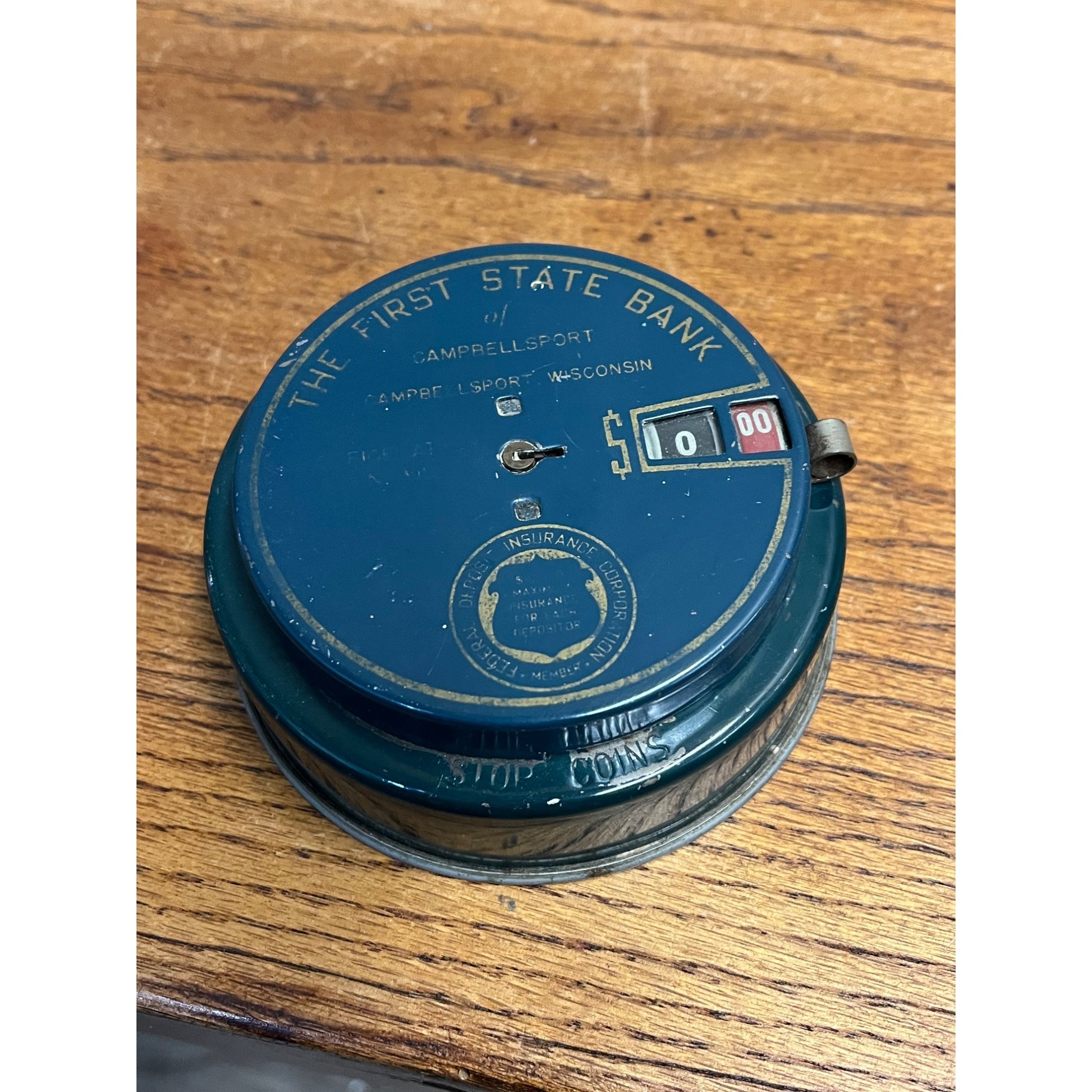 Vintage Add-O-Bank Metal Coin Bank Campbellsport Wis WI Wisconsin - NO KEY