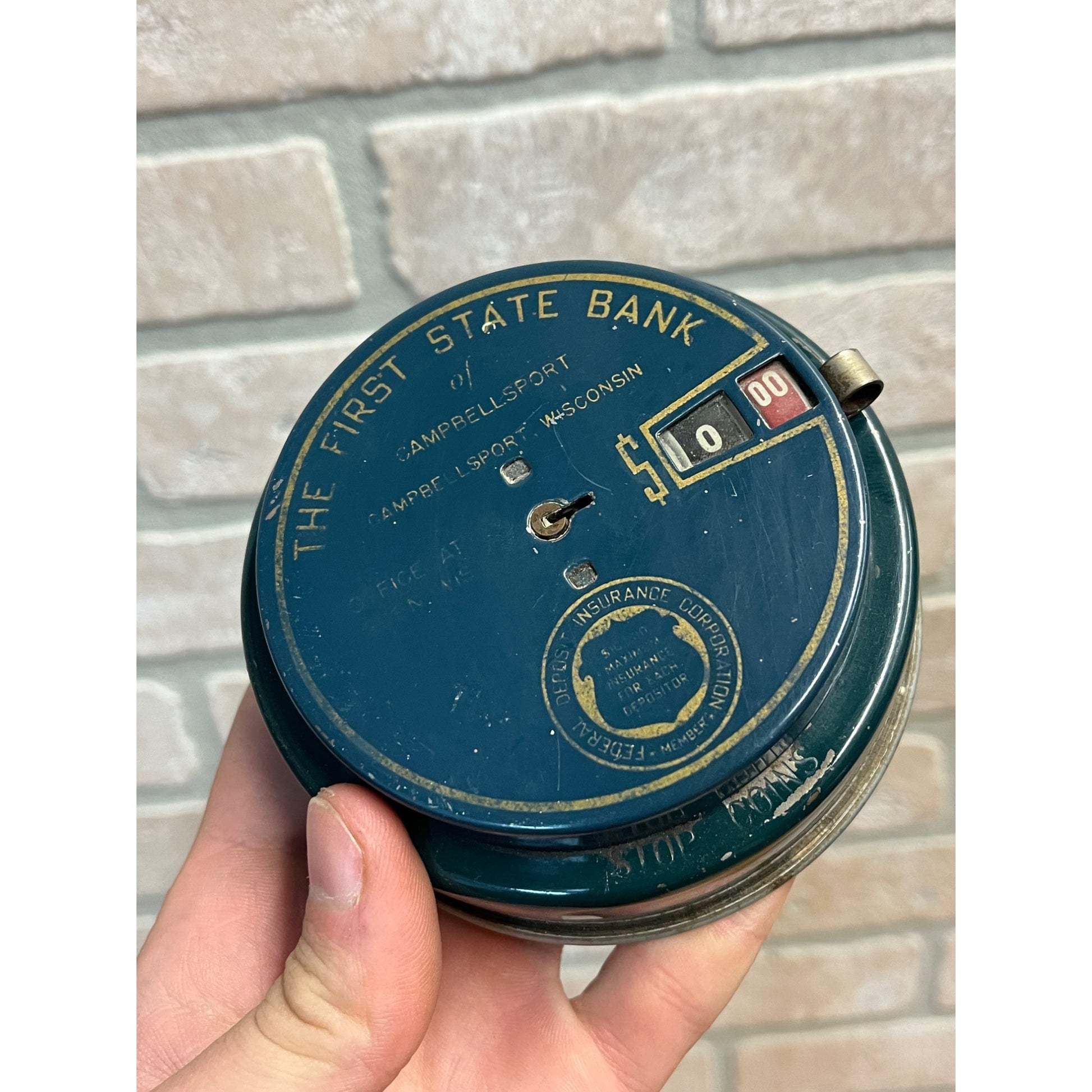 Vintage Add-O-Bank Metal Coin Bank Campbellsport Wis WI Wisconsin - NO KEY